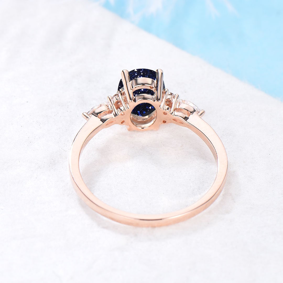 Sterling Silver 1.5ct Galaxy Starry Sky Blue Sandstone Ring Oval Gemstone Jewelry Vintage Cluster Blue Goldstone Personalized Gift for Women