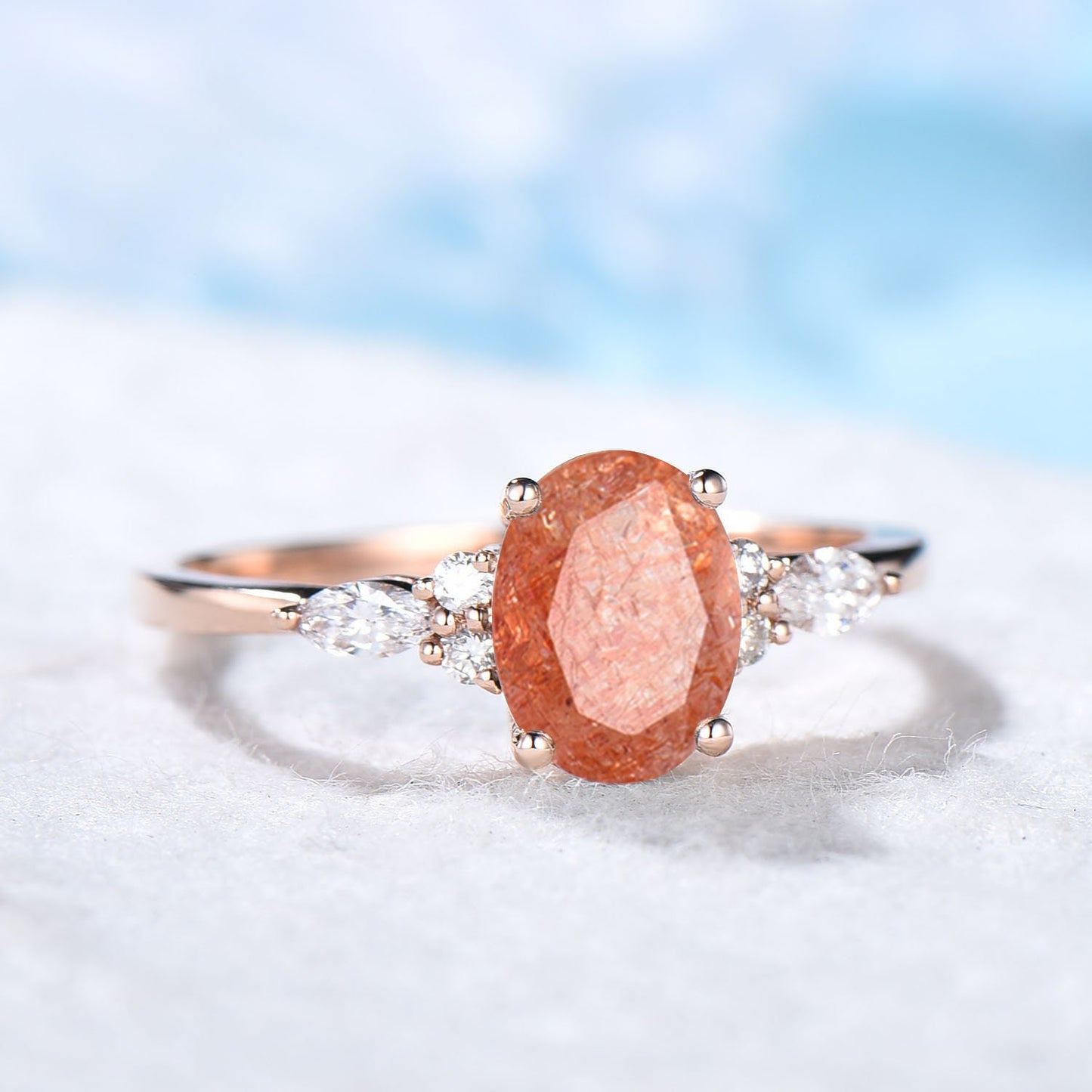 Sterling Silver Oval Cut Nature Sunstone Ring Genuine Sunstone Engagement Ring Orange Gemstone Jewelry Unique Birthday Gift for Daughter