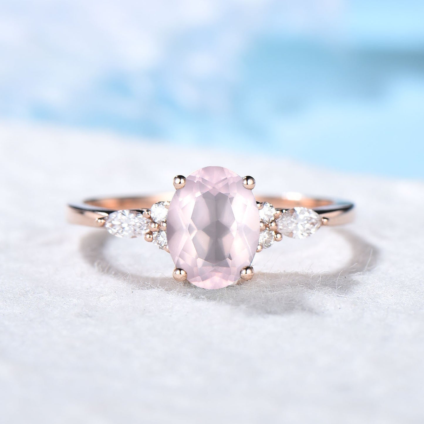1.5ct Natural Rose Quartz Ring Oval Pink Gemstone Quartz Promise Crystal Healing Ring Rose Gold Cluster Engagement Ring Anniversary Jewelry