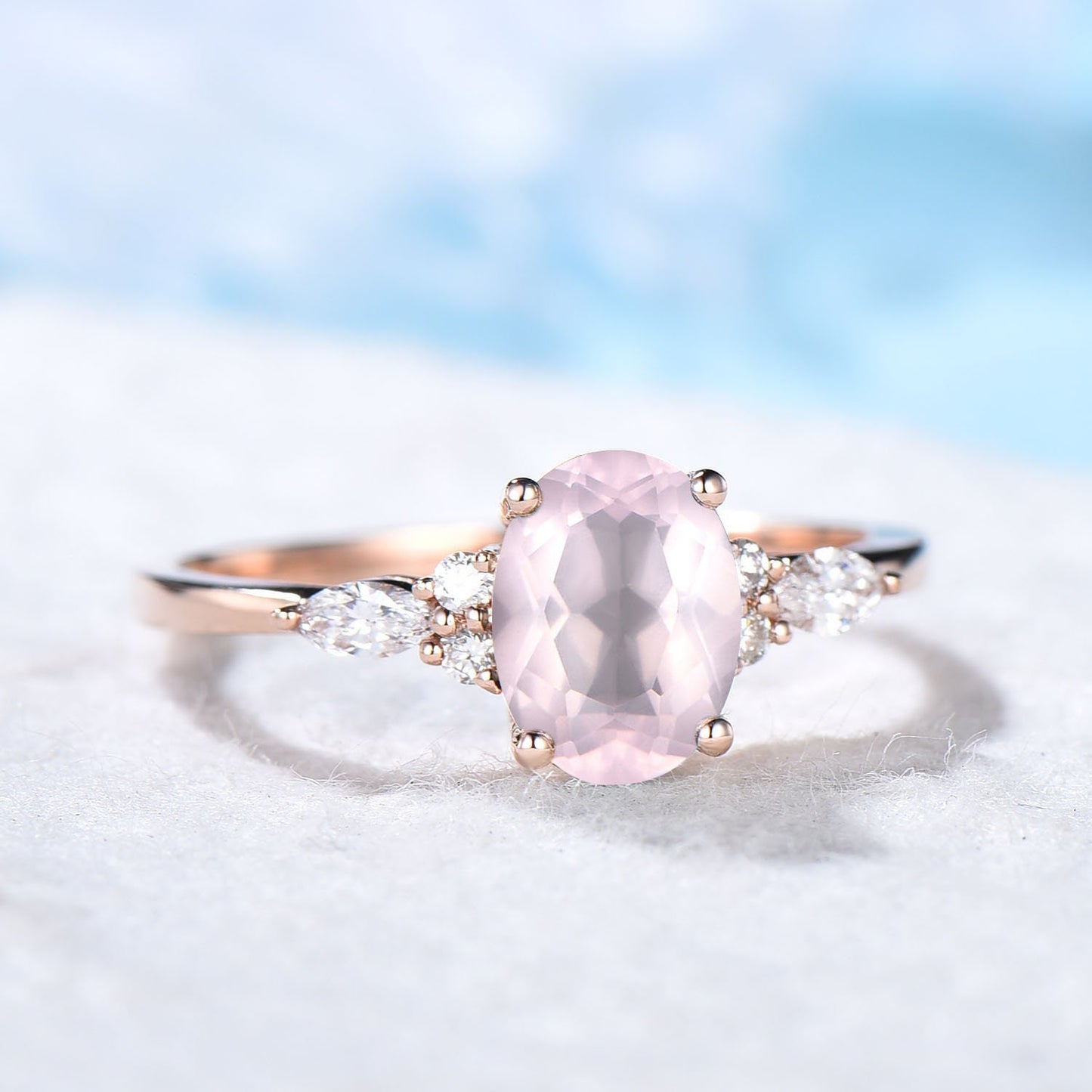 1.5ct Natural Rose Quartz Ring Oval Pink Gemstone Quartz Promise Crystal Healing Ring Rose Gold Cluster Engagement Ring Anniversary Jewelry