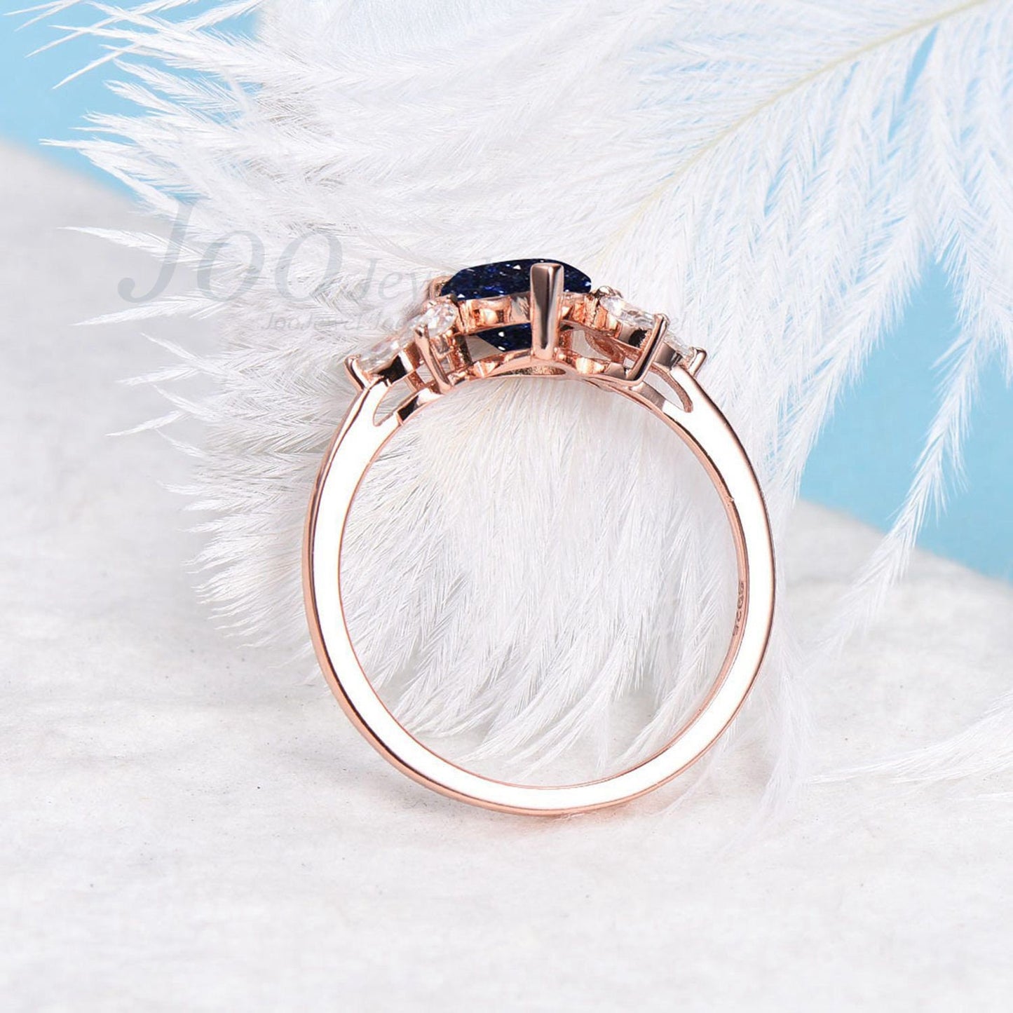 Pear Galaxy Blue Sandstone Ring Rose Gold Teardrop Blue Goldstone Engagement Ring Vintage Gemstone Jewelry Anniversary Proposal Ring 1.25ct