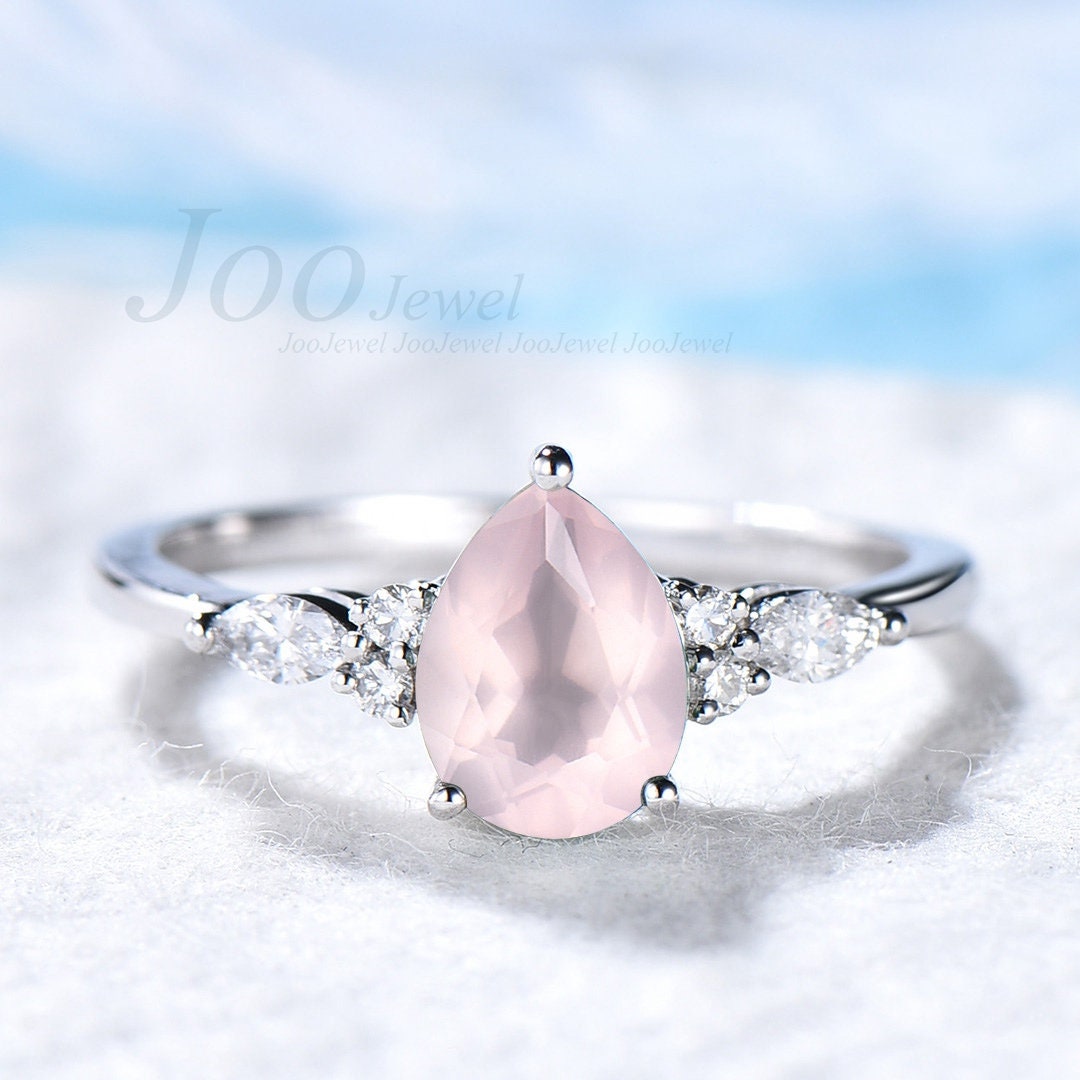 Natural Rose Quartz Ring Pear Pink Gemstone Promise Ring 1.25ct Real Crystal Healing Ring Sterling Silver Engagement Anniversary Ring Women