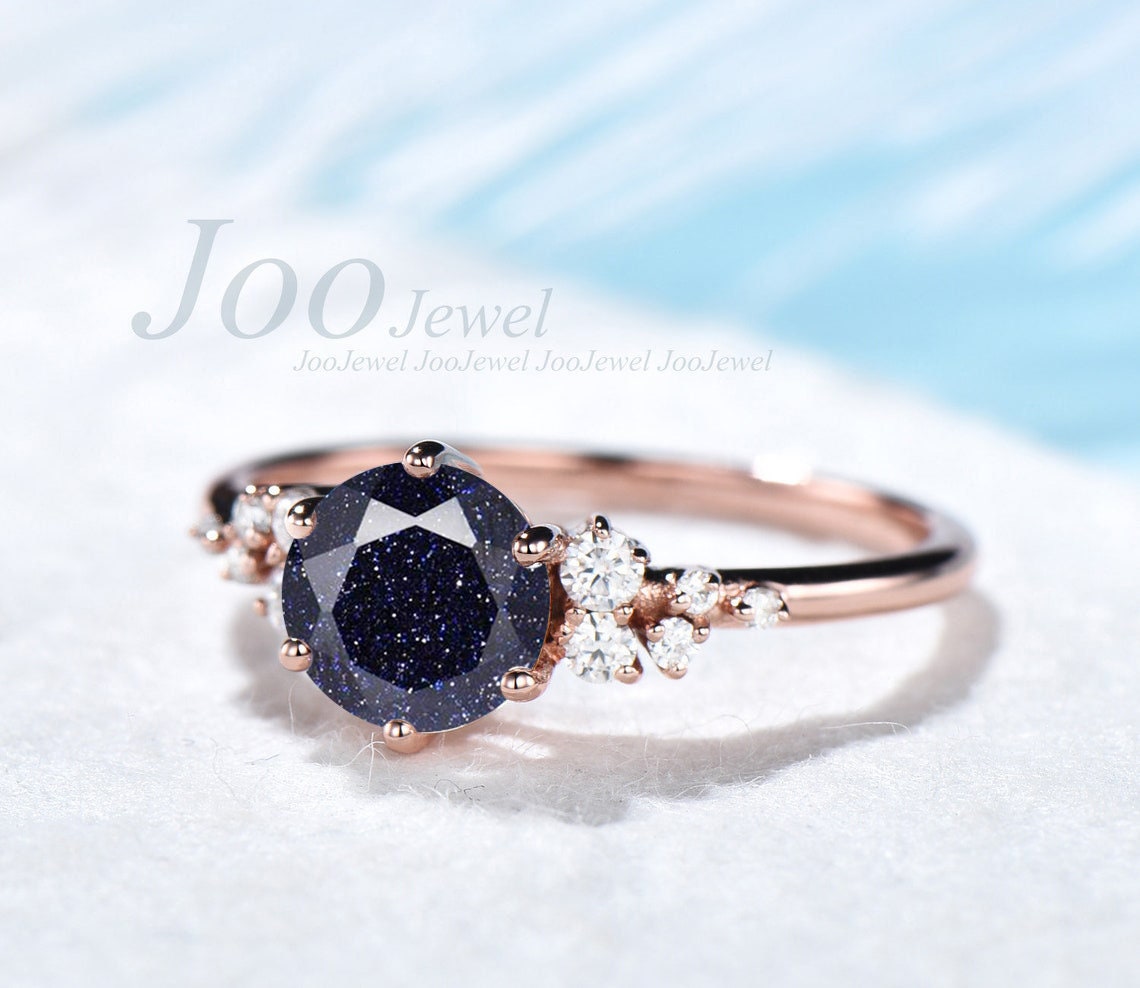 Rose Gold Galaxy Blue Sandstone Ring 1ct Round Cut Wedding Gemstone Jewelry Vintage Cluster Engagement Ring Personalized Gift for Her Women