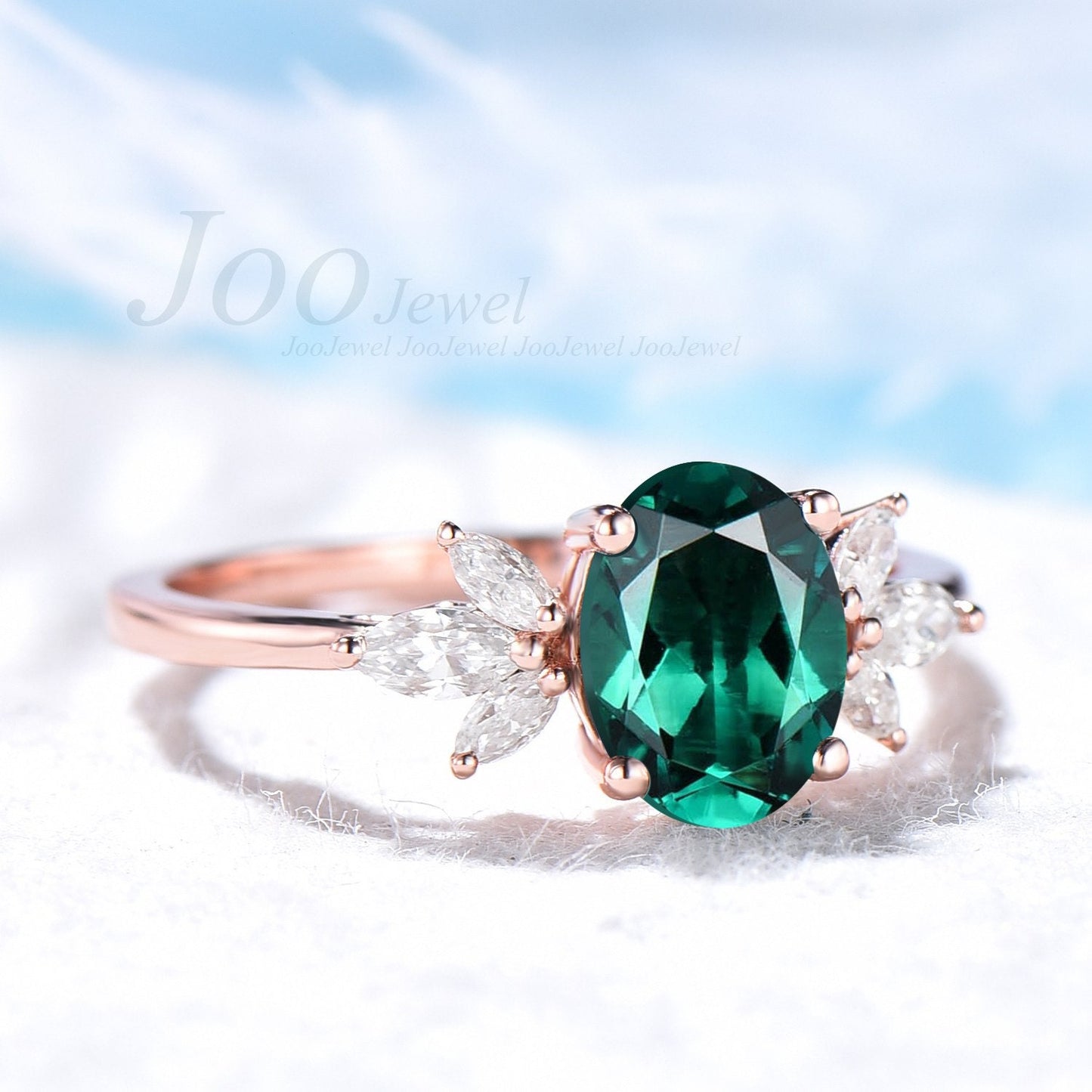 Emerald and Diamond Cluster Ring Sterling Silver Green Gemstone Ring Oval Emerald Engagement Ring May Birthstone Ring Anniversary Gift Women