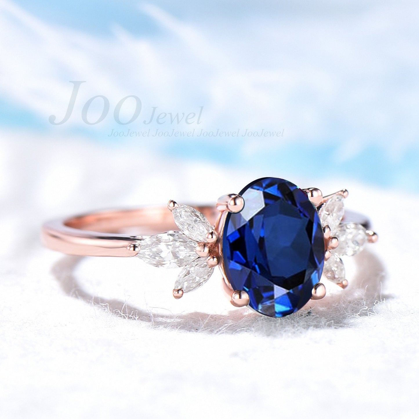 Cluster Engagement Ring Blue Sapphire Ring Vintage Oval Promise Ring Marquise Anniversary Wedding September Birthstone Ring Fine Jewelry