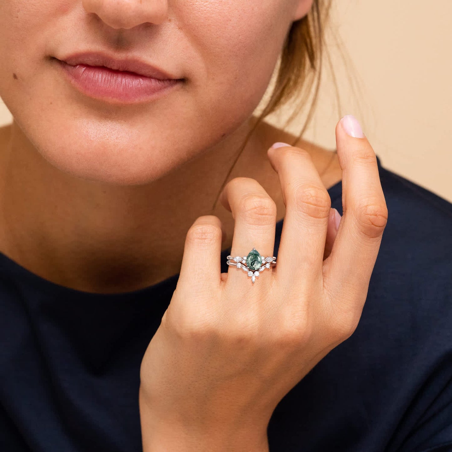 Pear Moss Agate Engagement Ring Set Sterling Silver Wedding Band Ring For Women Green Ring Vintage Unique Rose Gold Bridal Wedding Ring Set