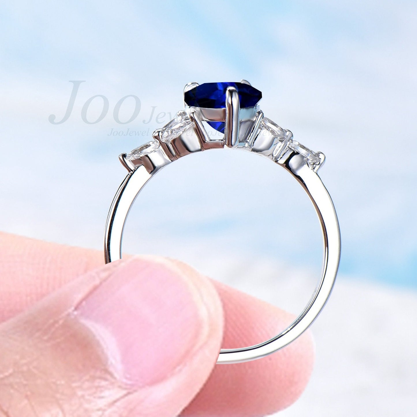 1ct Hexagon Blue Sapphire Engagement Ring Cluster Pear Moissanite Kite Sapphire Wedding Ring September Birthstone Gift Unique Promise Rings