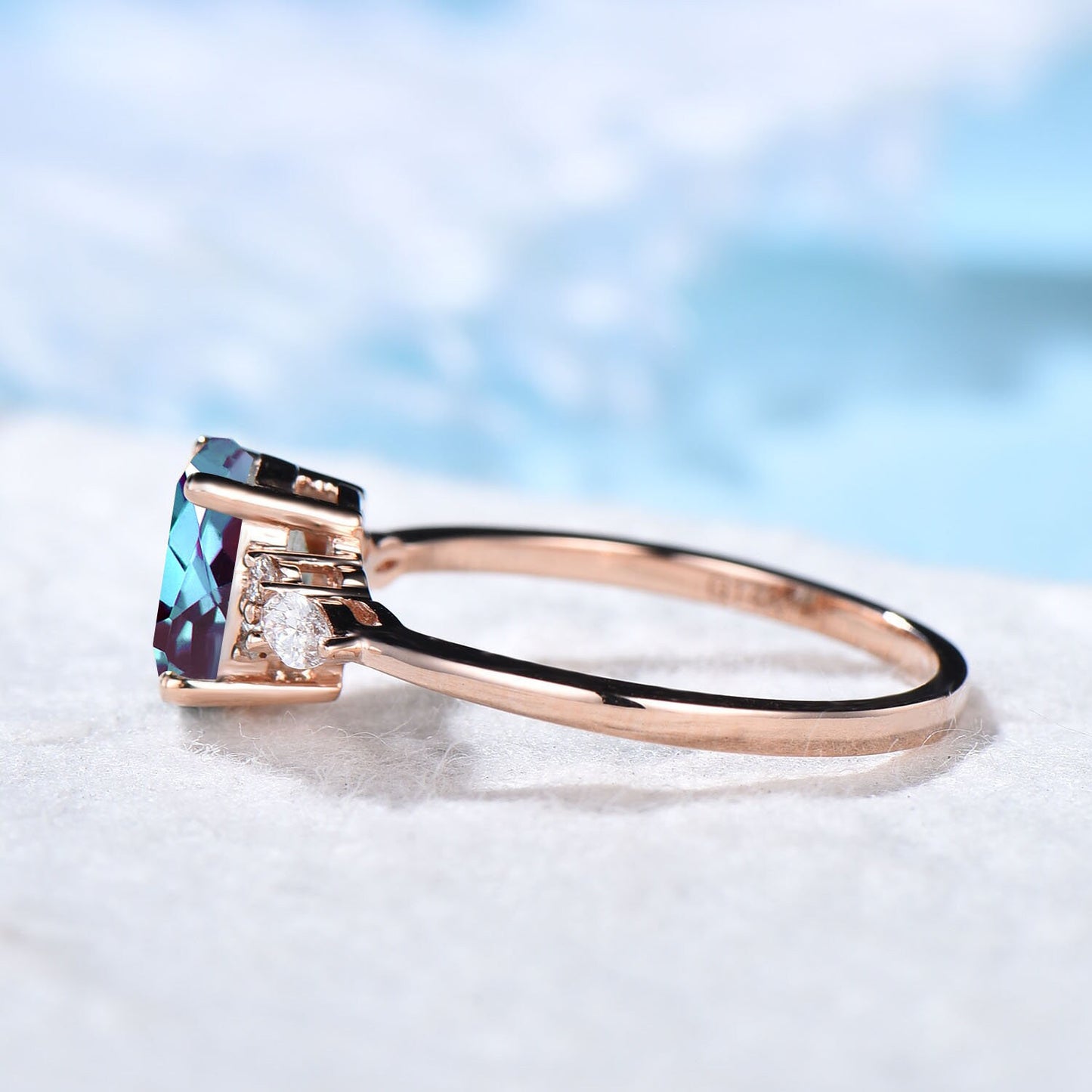 Oval Alexandrite Ring Cluster Engagement Ring Rose Gold Lab Diamond Ring June Birthstone Color Change Stone Wedding Anniversary Jewelry