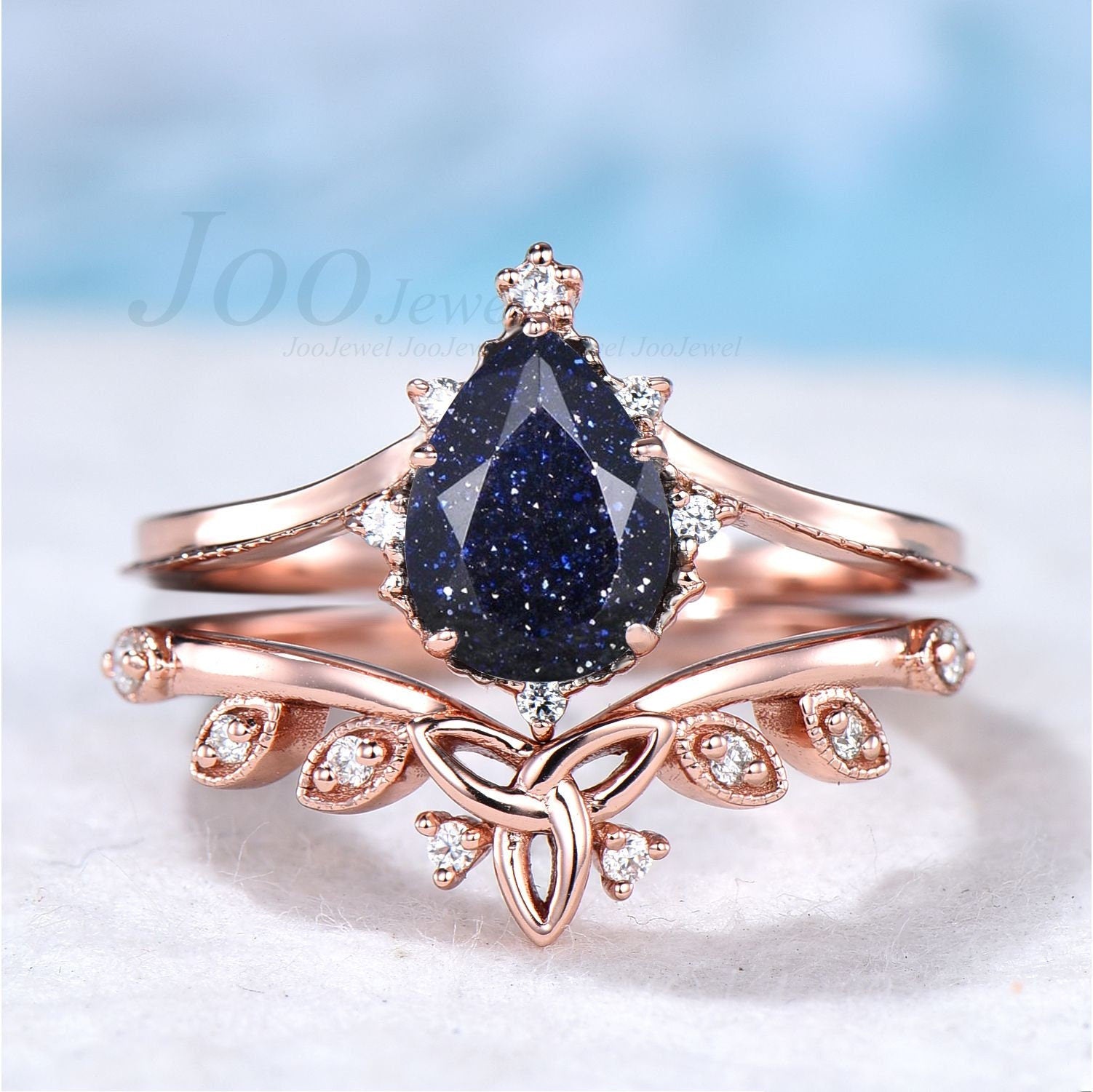 Oval blue sandstone engagement ring set 14k rose gold Galaxy vintage unique  engagement ring moissanite ring for women Norse Viking Jewelry