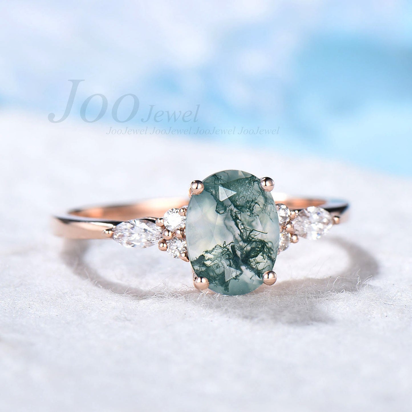 1.5ct Oval Natural Green Moss Agate Engagement Ring Rose Gold Cluster Aquatic Agate Promise Ring Woman Marquise Cut CZ Diamond Wedding Ring