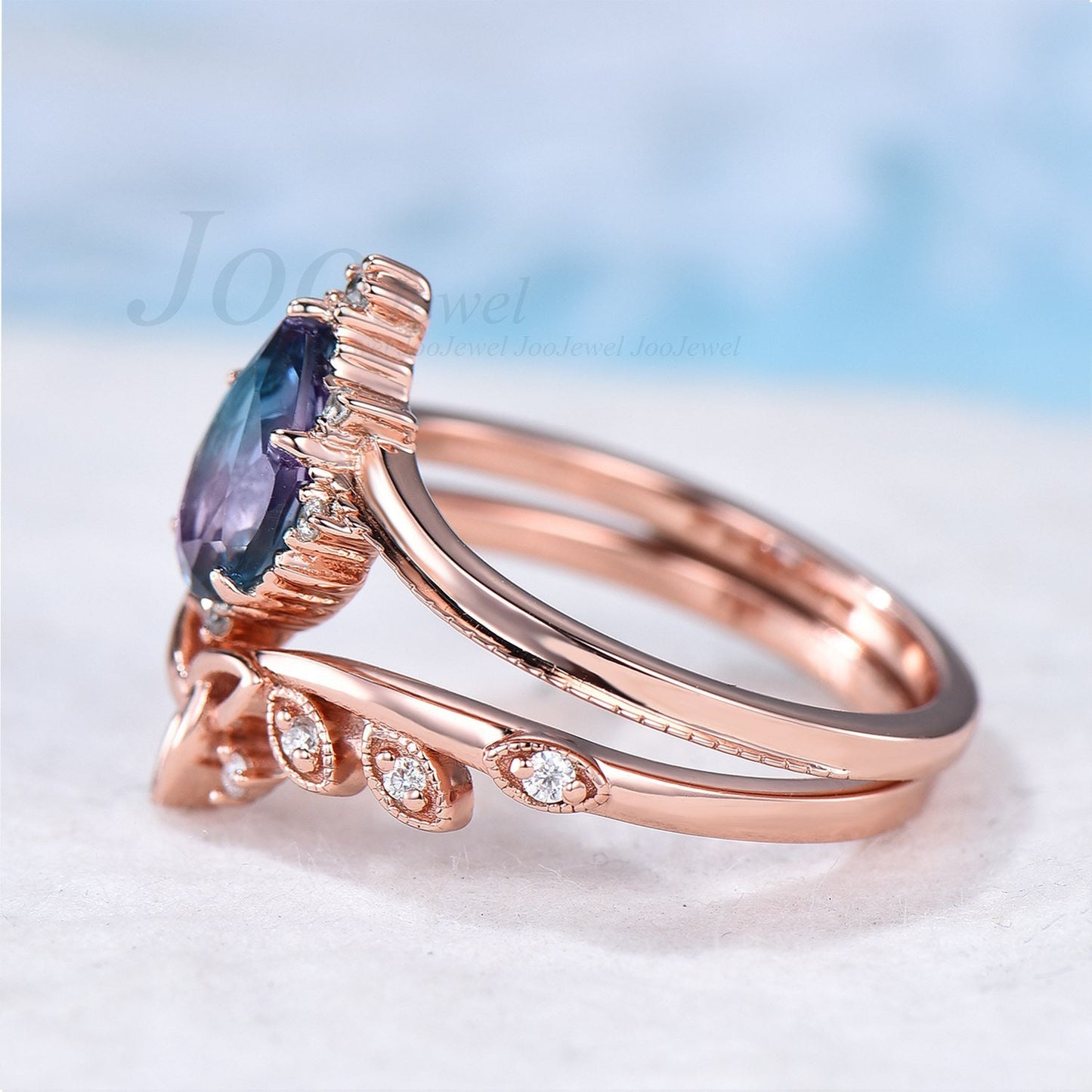 Alexandrite Ring Set Vintage Sterling Silver Pear Alexandrite Bridal Ring Set Curve Celtic Wedding Band Women Stackable June Birthstone Ring