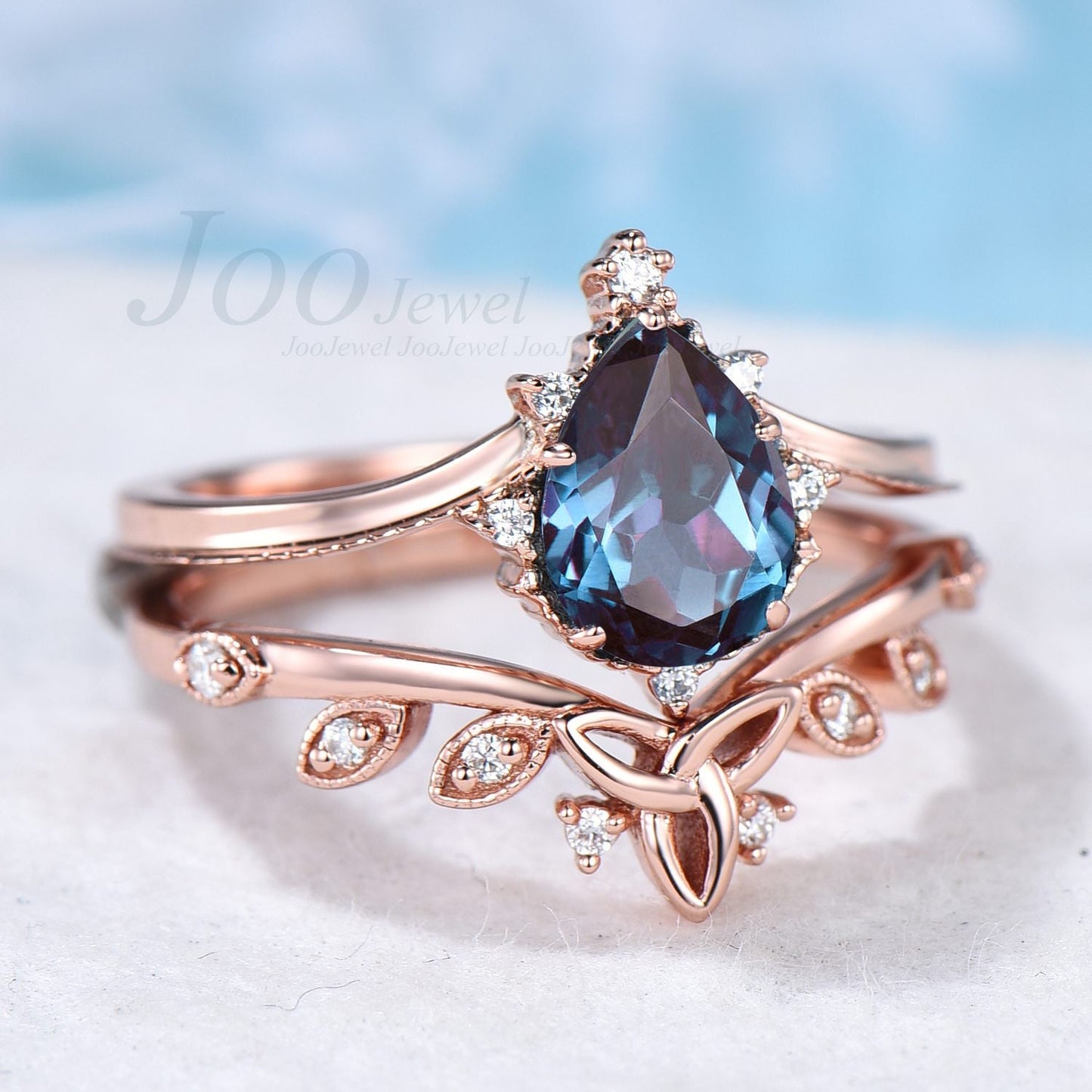 Alexandrite Ring Set Vintage Sterling Silver Pear Alexandrite Bridal Ring Set Curve Celtic Wedding Band Women Stackable June Birthstone Ring