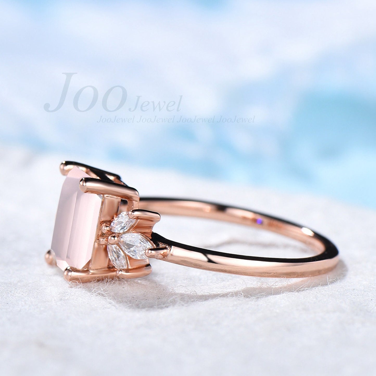 Natural Rose Quartz Ring Emerald Cut Pink Stone Crystal Ring Rose Gold Quartz Engagement Ring Art Deco Sterling Silver Cluster Dainty Rings