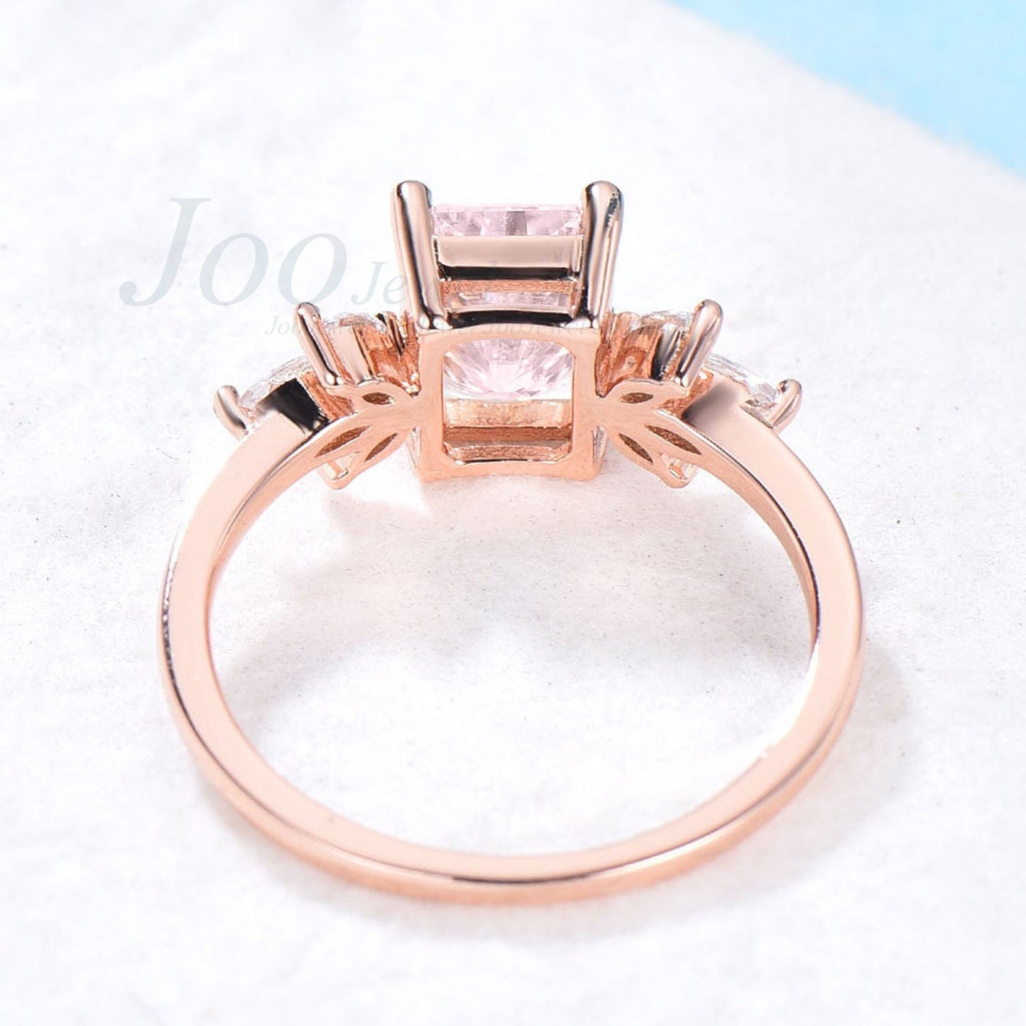 Natural Rose Quartz Ring Emerald Cut Pink Stone Crystal Ring Rose Gold Quartz Engagement Ring Art Deco Sterling Silver Cluster Dainty Rings