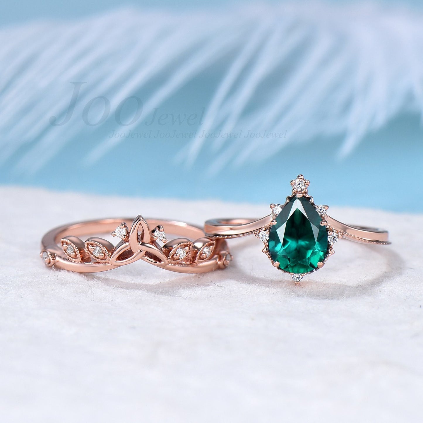 Emerald Ring Set Sterling Silver Antique Green Gemstone Ring Pear Engagement Ring Set Celtic Wedding Band May Birthstone Jewelry Bridal Ring