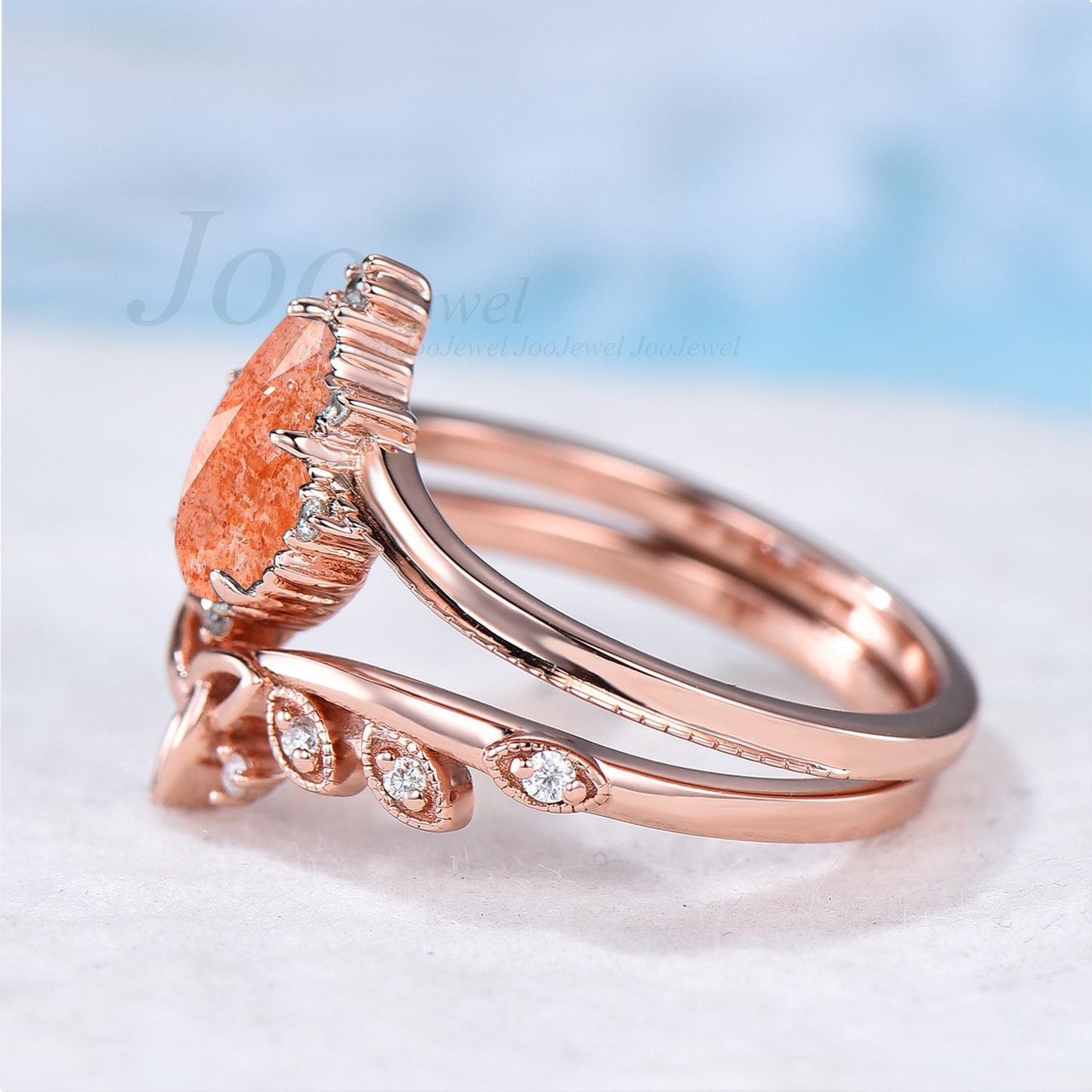 Natural Sunstone Engagement Ring Set Sterling Silver Curve Celtic Wedding Band Vintage Pear Cut Bridal Ring Set For Women Anniversary Gift