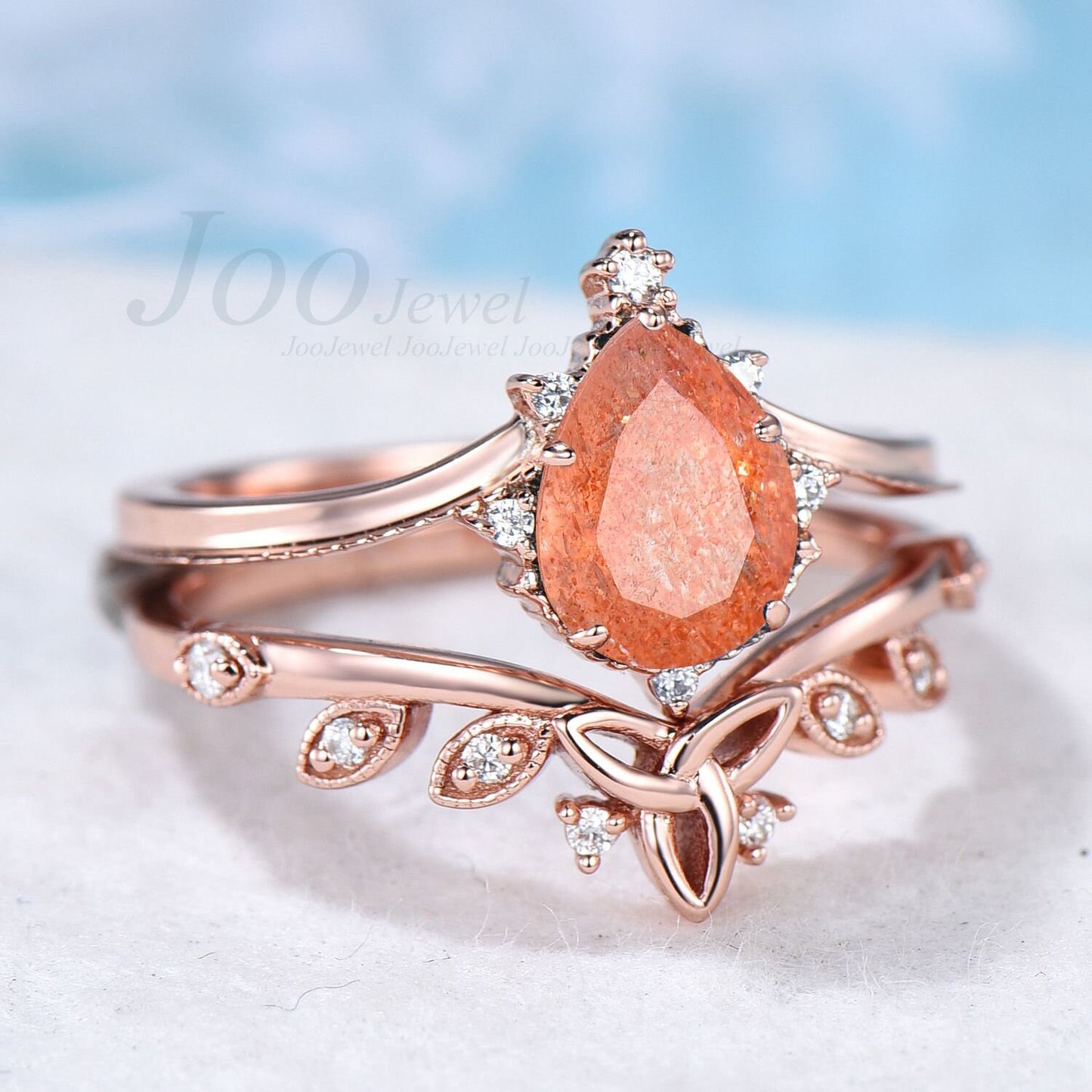 Natural Sunstone Engagement Ring Set Sterling Silver Curve Celtic Wedding Band Vintage Pear Cut Bridal Ring Set For Women Anniversary Gift