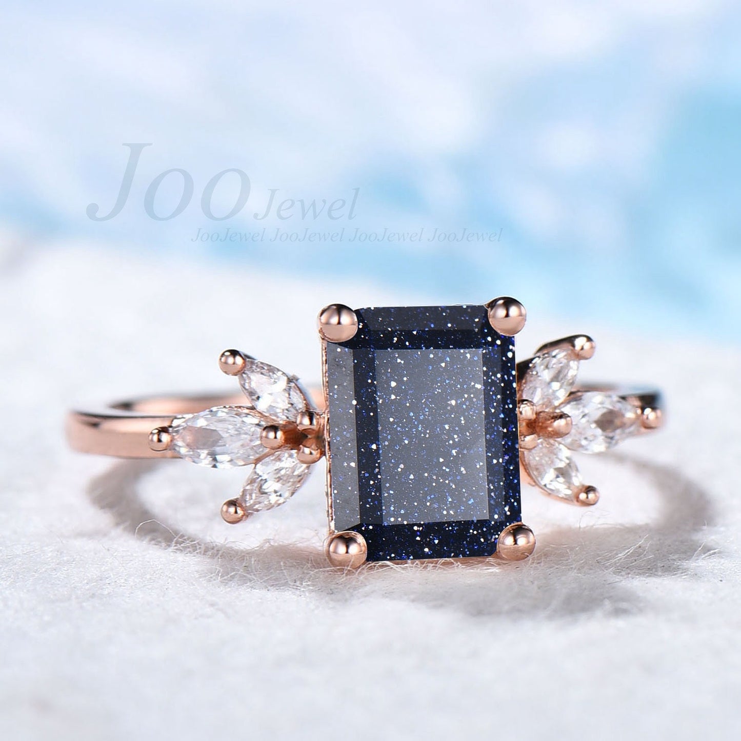 Emerald Cut Galaxy Blue Sandstone Rings Vintage Sterling Silver 2ct Blue Gemstone Ring Cluster Engagement for Women Anniversary Gift for Her