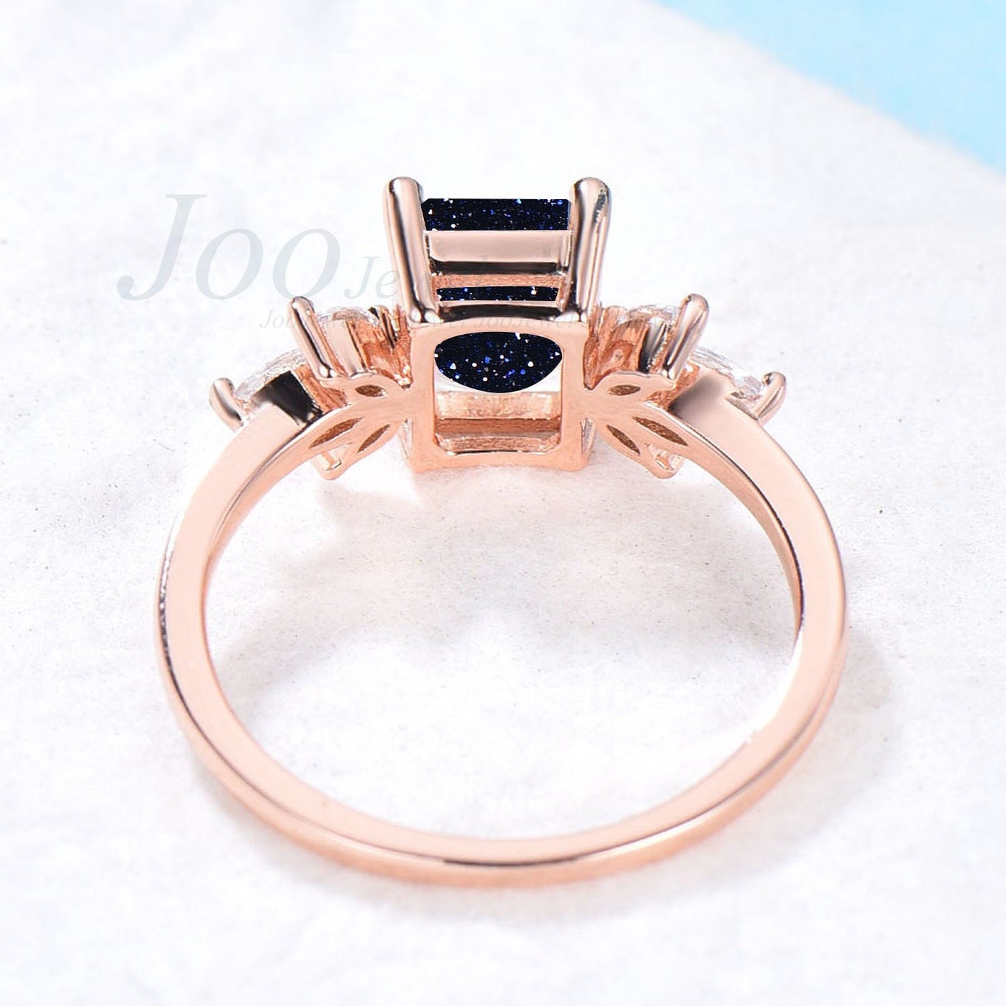 Emerald Cut Galaxy Blue Sandstone Rings Vintage Sterling Silver 2ct Blue Gemstone Ring Cluster Engagement for Women Anniversary Gift for Her
