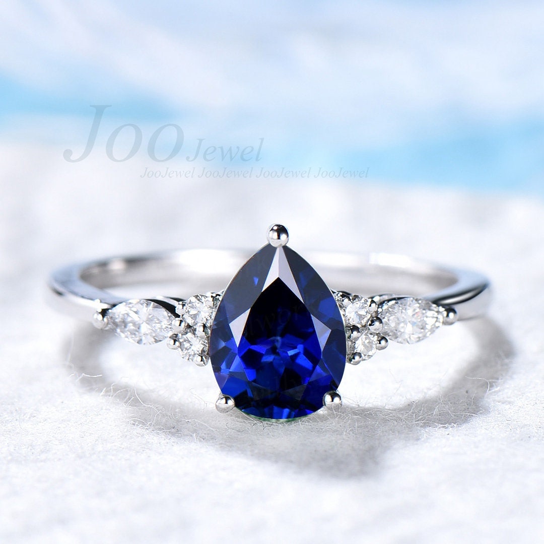 1.25ct Teardrop Blue Sapphire Promise Ring Sterling Silver Vintage Pear Blue Gemstone Ring September Birthstone Birthday Anniversary Gifts
