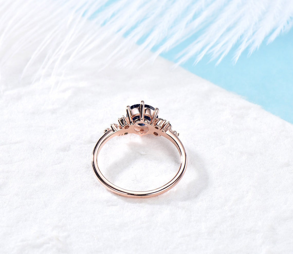 Rose Gold Galaxy Blue Sandstone Ring 1ct Round Cut Wedding Gemstone Jewelry Vintage Cluster Engagement Ring Personalized Gift for Her Women