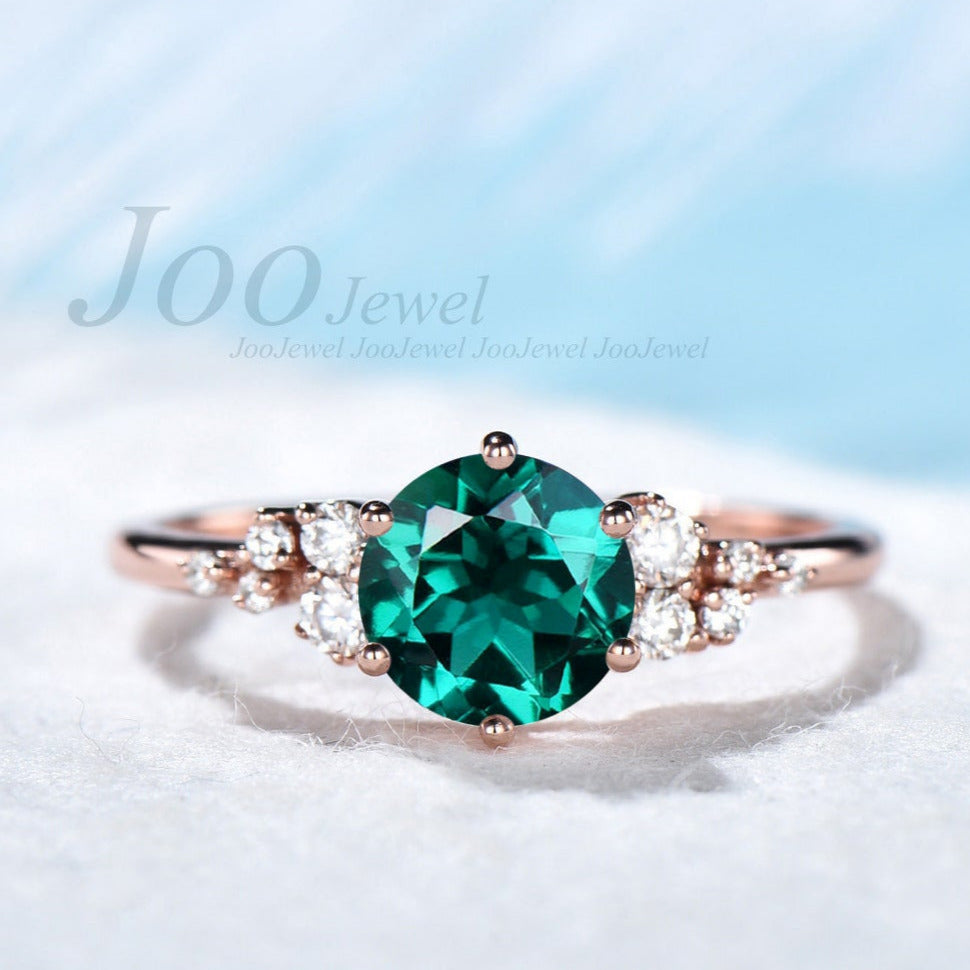 Sterling Silver May Birthstone Ring Green Emerald Promise Ring Round Vintage Proposal Ring Personalized Gift for Her Anniversary Ring Dainty