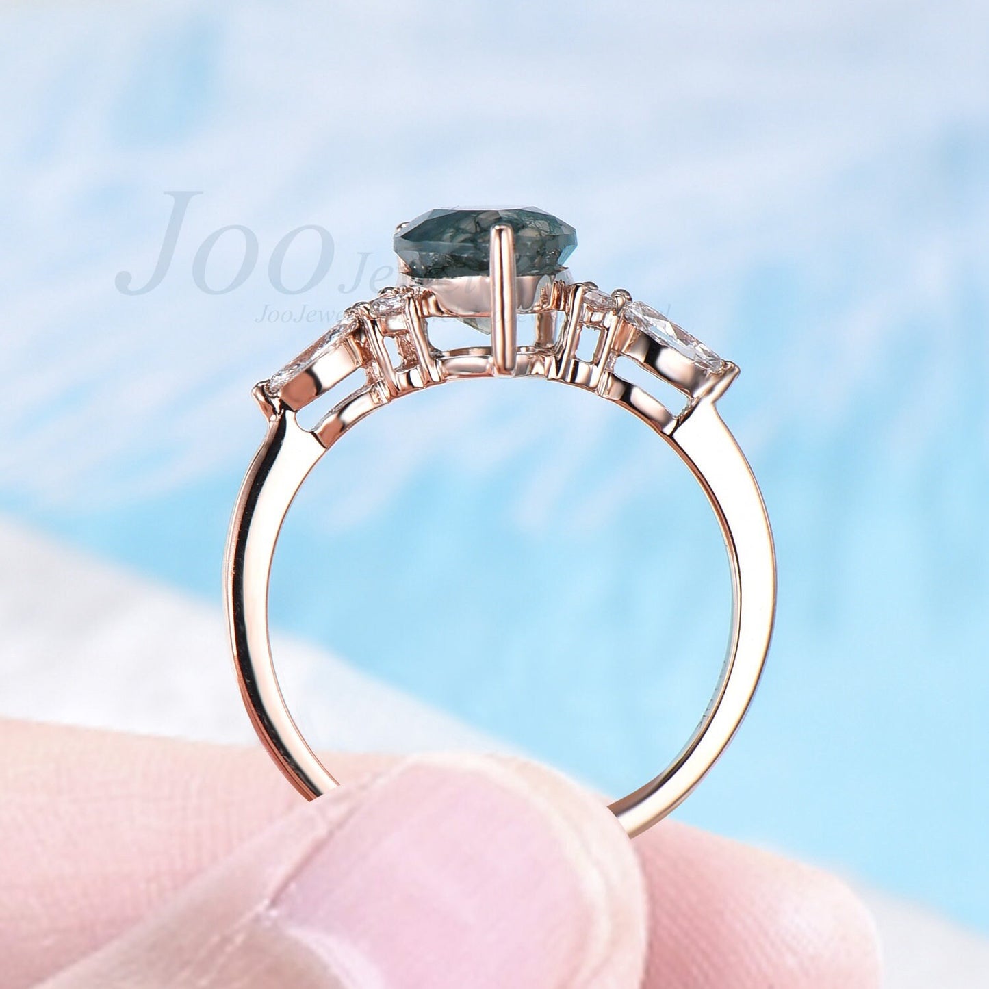 1.25ct Natural Moss Agate Ring Sterling Silver Pear Ring Unique Cluster Engagement Ring Aquatic Green Agate Promise Wedding Ring Woman