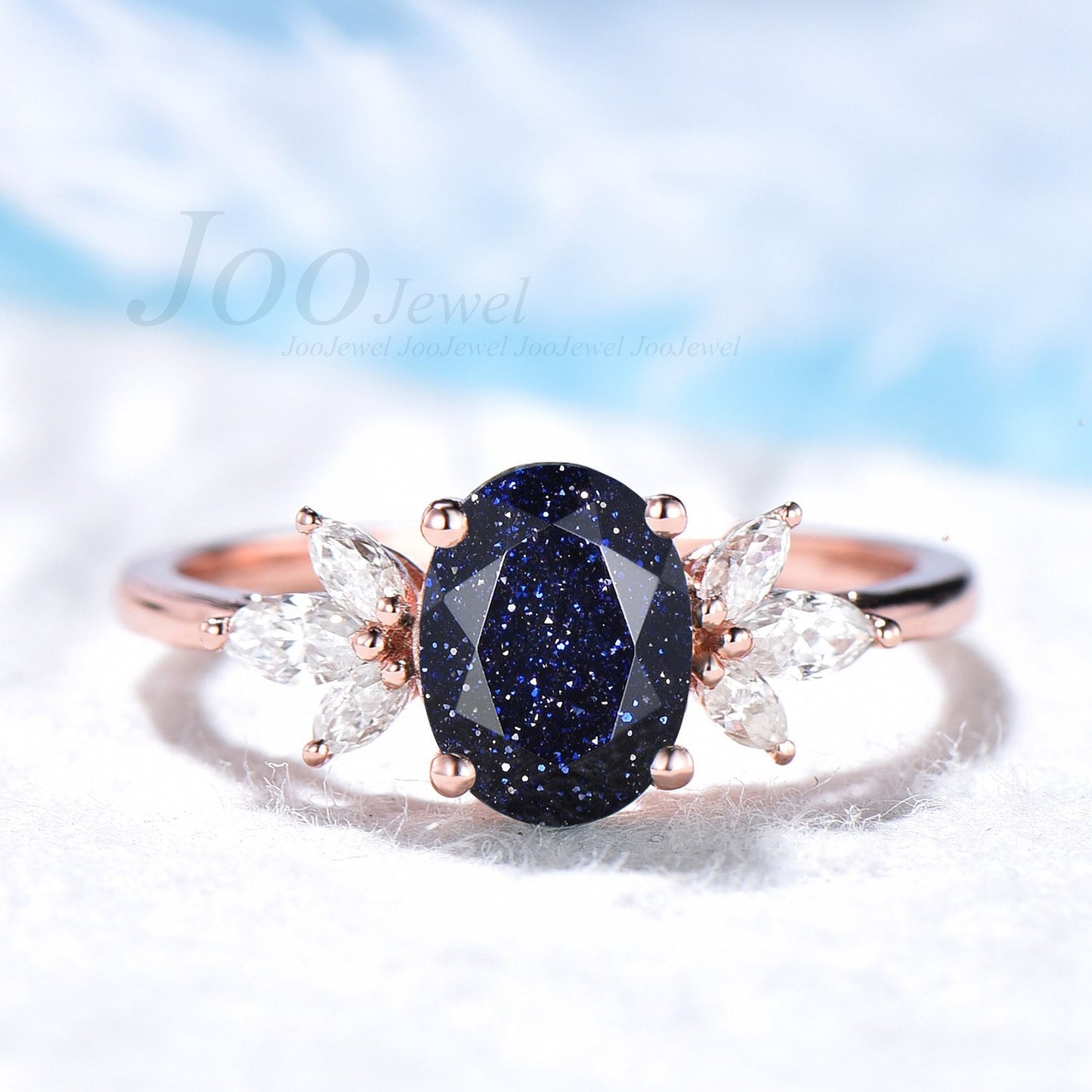 1.5ct Oval Blue Sandstone Ring Galax Gemstone Ring Energy Healing Crystal Jewelry Blue Goldstone Engagement Ring Women Cluster Ring Vintage