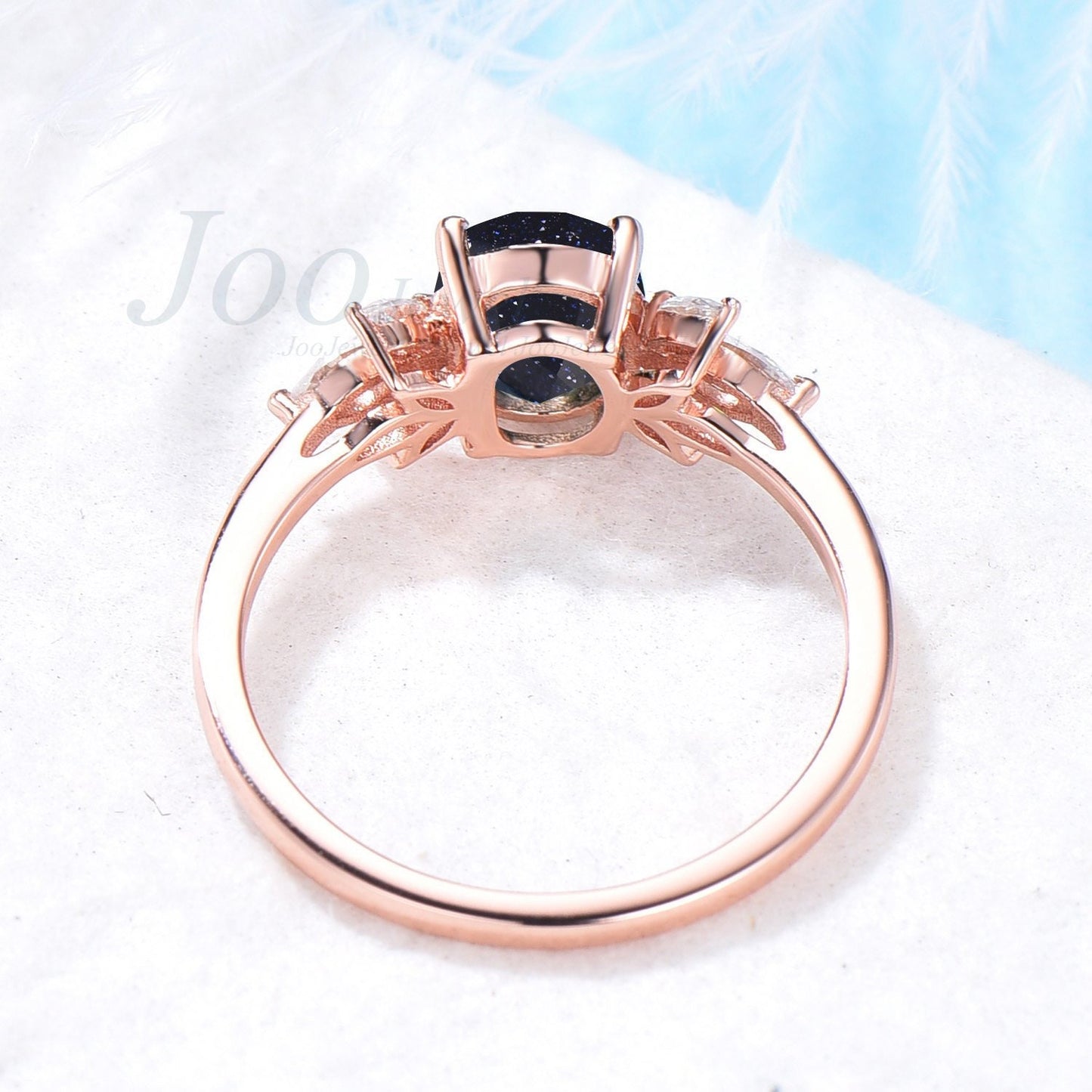 1.5ct Oval Blue Sandstone Ring Galax Gemstone Ring Energy Healing Crystal Jewelry Blue Goldstone Engagement Ring Women Cluster Ring Vintage