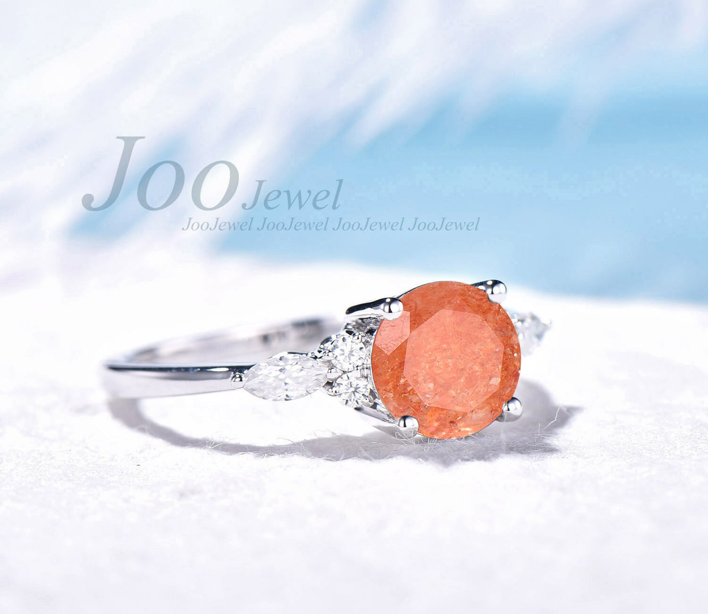 Round Cut Sunstone Ring Silver Natural Gemstone Heal Crystal Ring 7mm Orange Sunstone Engagement Rings Energy Ring Energy Jewelry Gift Women