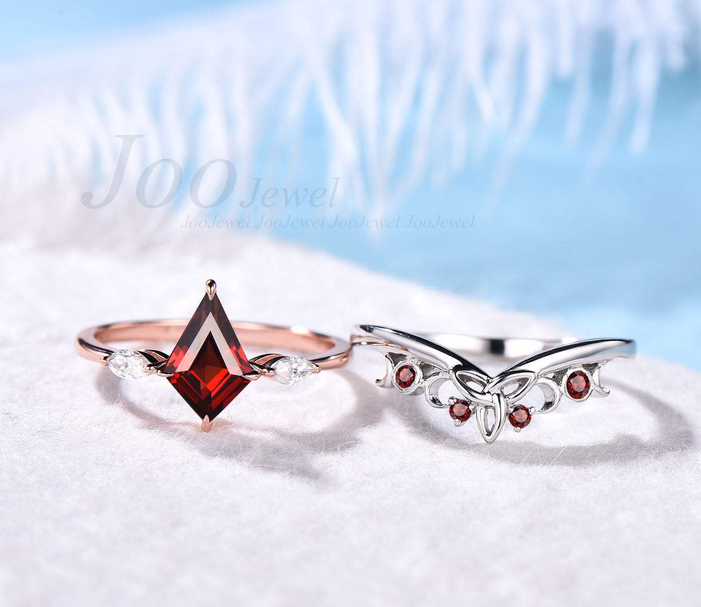 Kite Garnet Ring Set Red Gem Ring Garnet Crystal Engagement Ring Set Curve Wedding Band Personalized Bridal Ring January Birthstone Women