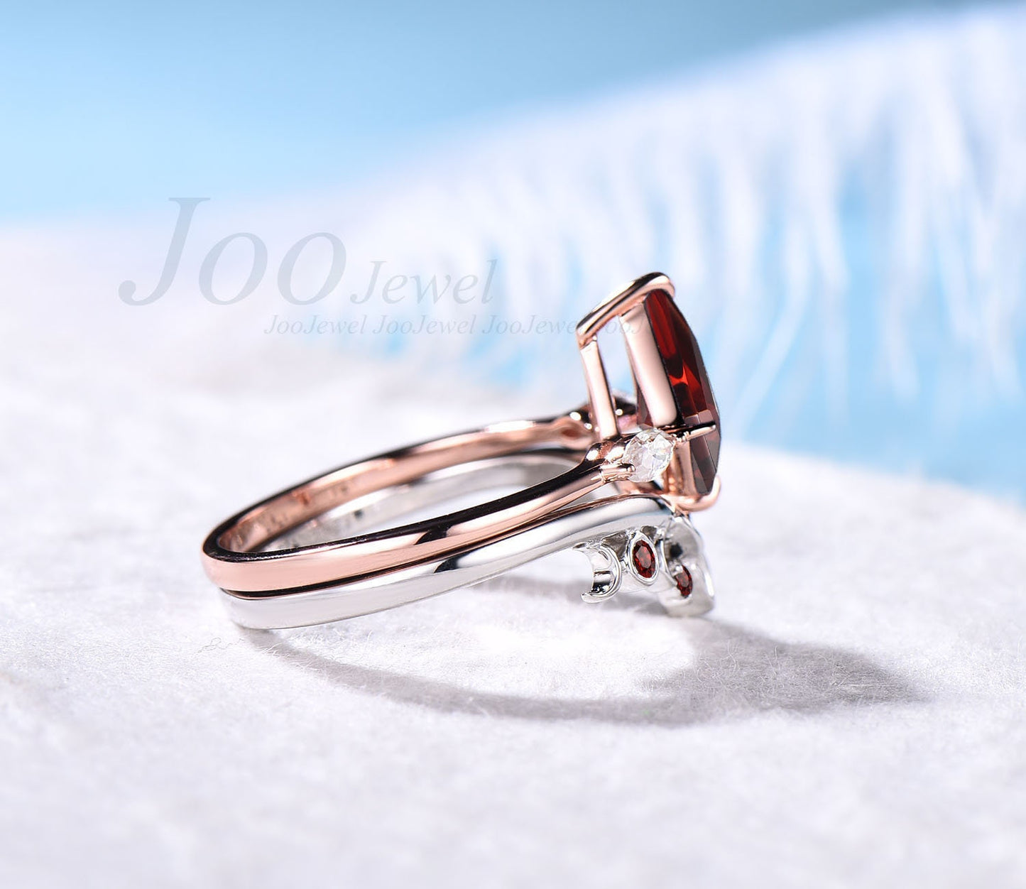 Kite Garnet Ring Set Red Gem Ring Garnet Crystal Engagement Ring Set Curve Wedding Band Personalized Bridal Ring January Birthstone Women