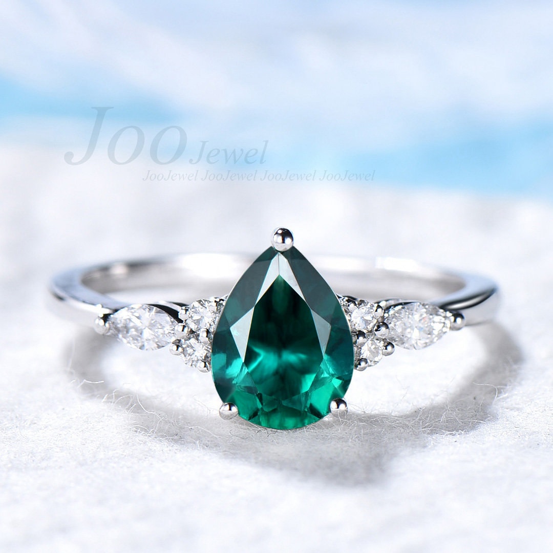 Dainty Ring Sterling Silver Pear Emerald Ring Green Gemstone Ring Custom Bridal Ring Teardrop Emerald Engagement Ring May Birthstone