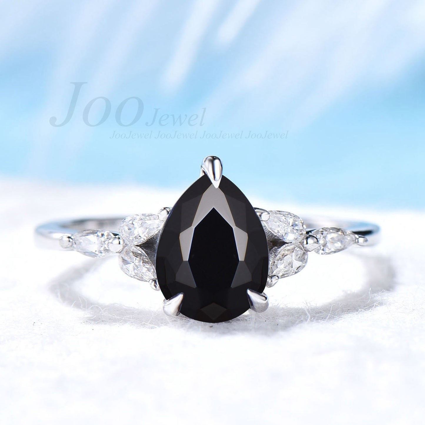 Pear Cut Natural Black Onyx Engagement Rings For Women Sterling Silver Black Gemstone Crystal Ring Onyx Jewelry Statement Rings 1.25ct Ring