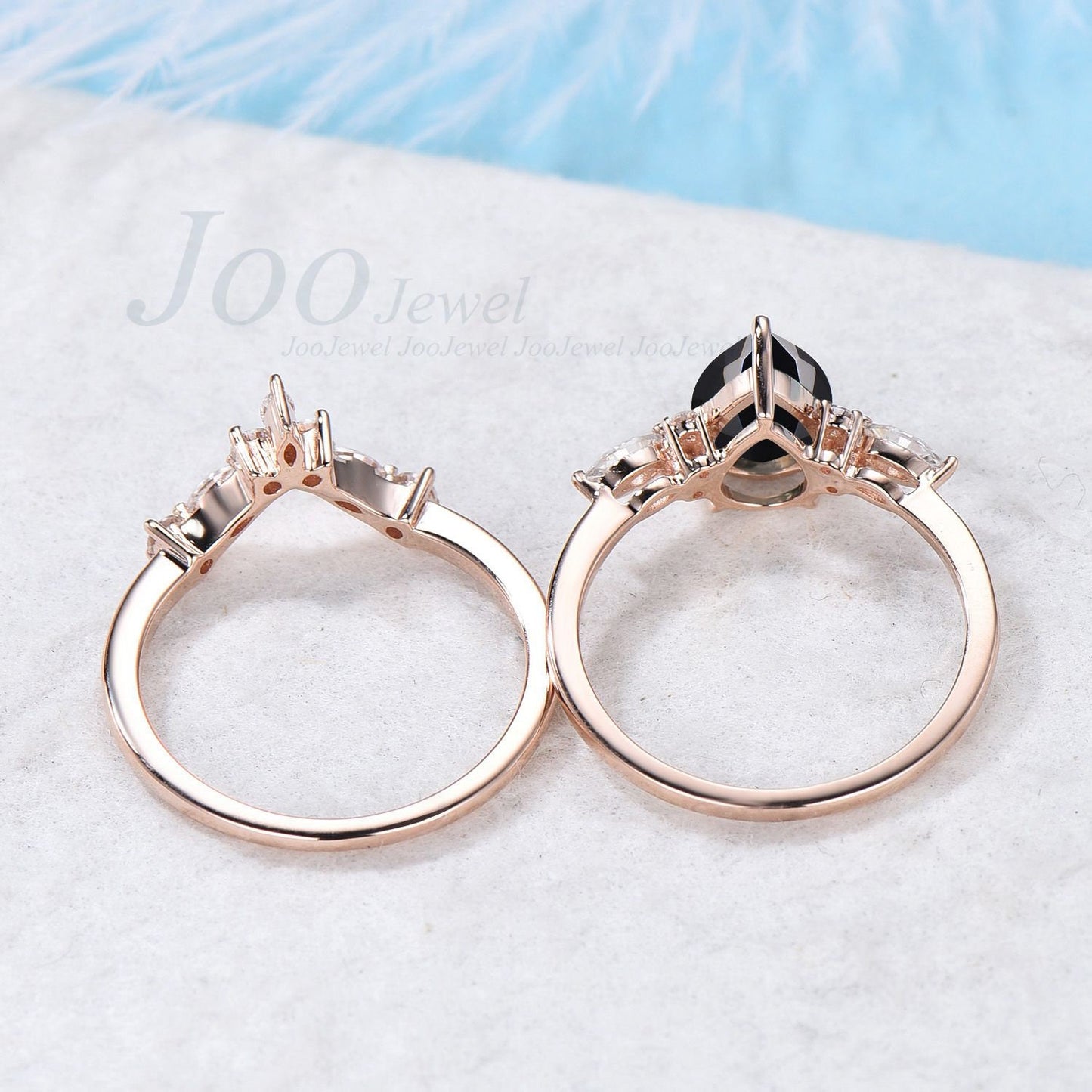 Pear Ring Set Natural Black Onyx Ring Women Black Gemstone Heal Ring Sterling Silver Black Stone Engagement Ring Set Curve Wedding Band