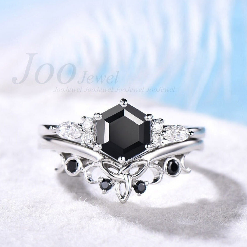 Natural Black Onyx Ring Women Vintage Hexagon Ring Set Black Onyx Engagement Rings Black Diamond Curve Celtic Wedding Band Black Bridal Set