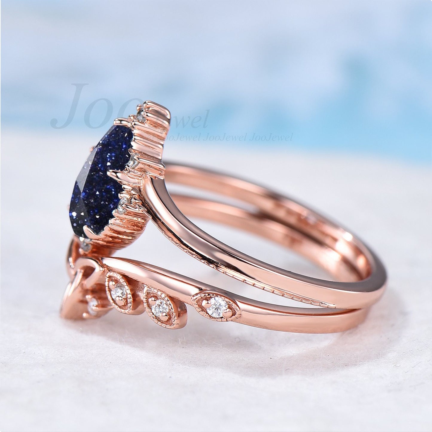 Vintage Blue Sandstone Engagement Rings Set Sterling Silver Curve Celtic Viking Wedding Band Blue Sandstone Bridal Set Women Milgrain Ring