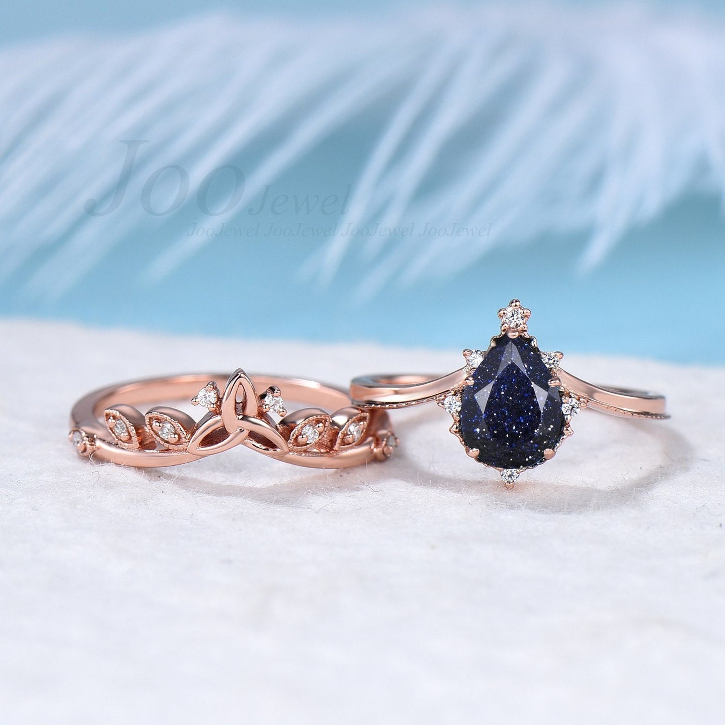 Vintage Blue Sandstone Engagement Rings Set Sterling Silver Curve Celtic Viking Wedding Band Blue Sandstone Bridal Set Women Milgrain Ring