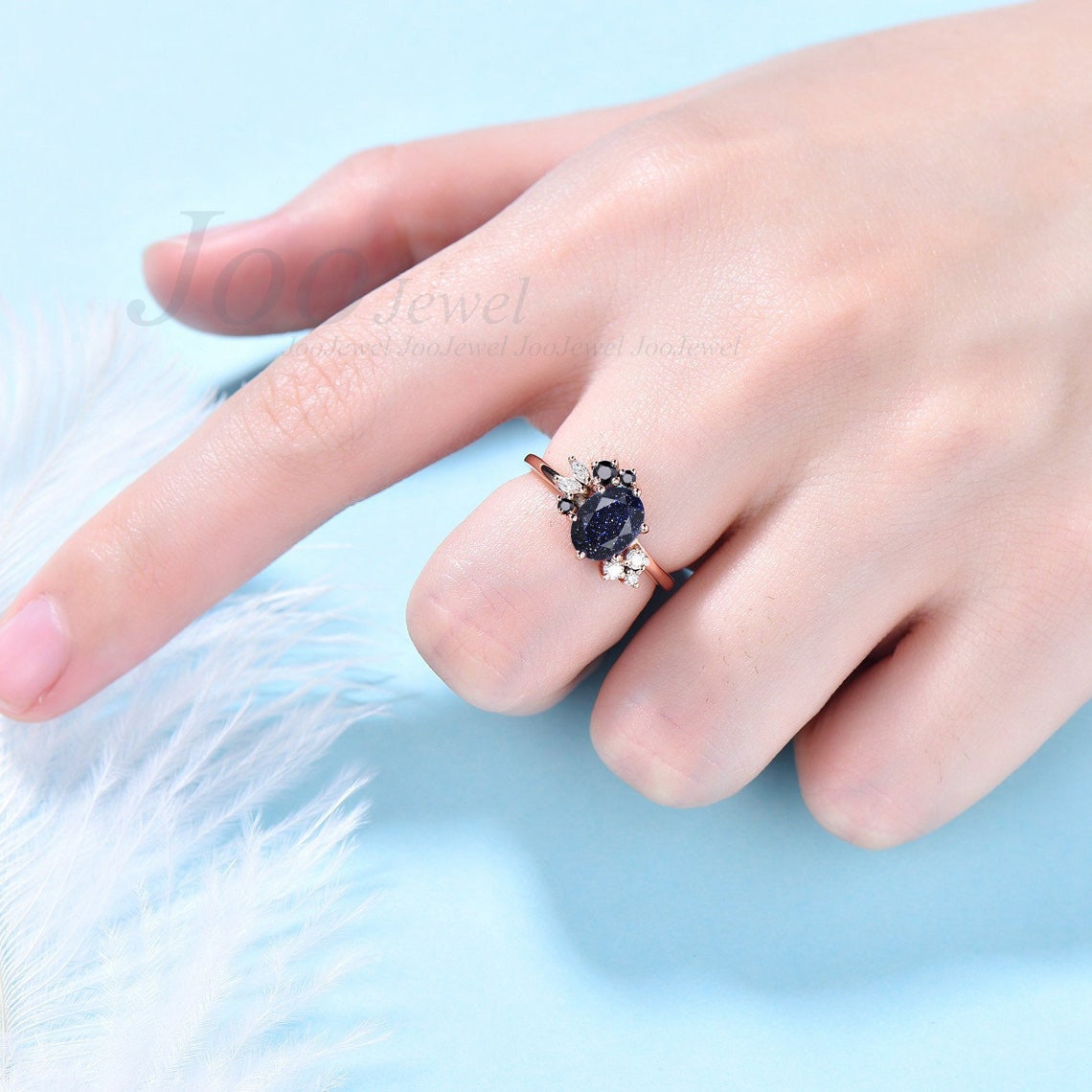 Oval Galaxy Blue Sandstone Ring Black Diamond Cluster Engagement Ring Rose Gold Blue Goldstone Ring Moissanites Wedding Ring Gift for Her