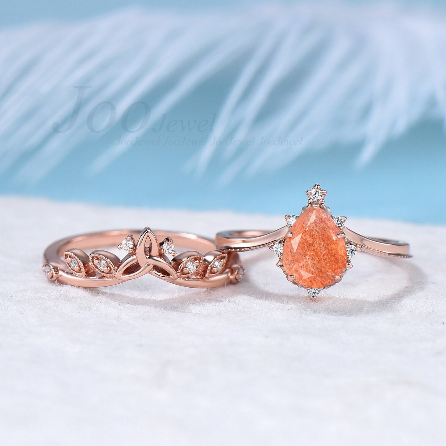 Natural Sunstone Engagement Ring Set Sterling Silver Curve Celtic Wedding Band Vintage Pear Cut Bridal Ring Set For Women Anniversary Gift