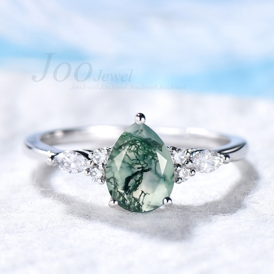 Pear Moss Agate Engagement Ring Set Sterling Silver Wedding Band Ring For Women Green Ring Vintage Unique Rose Gold Bridal Wedding Ring Set