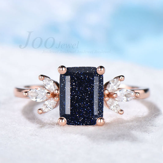 Emerald Cut Galaxy Blue Sandstone Rings Vintage Sterling Silver 2ct Blue Gemstone Ring Cluster Engagement for Women Anniversary Gift for Her