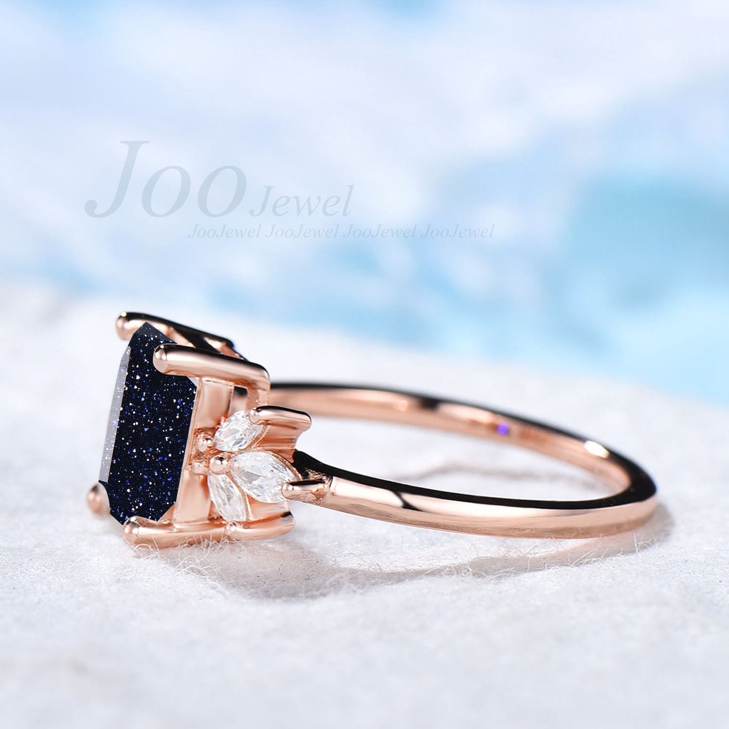 Emerald Cut Galaxy Blue Sandstone Rings Vintage Sterling Silver 2ct Blue Gemstone Ring Cluster Engagement for Women Anniversary Gift for Her