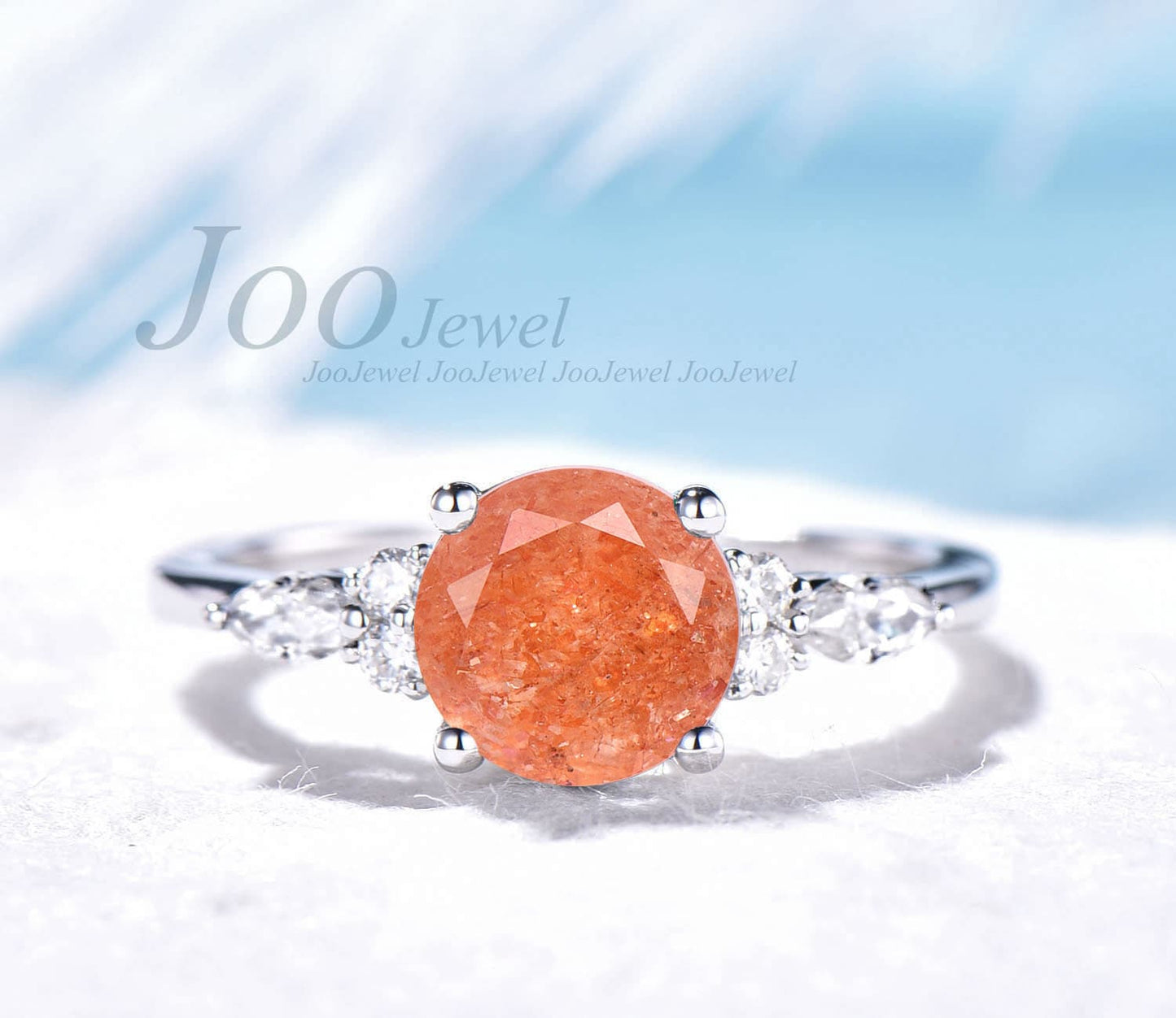 Round Cut Sunstone Ring Silver Natural Gemstone Heal Crystal Ring 7mm Orange Sunstone Engagement Rings Energy Ring Energy Jewelry Gift Women