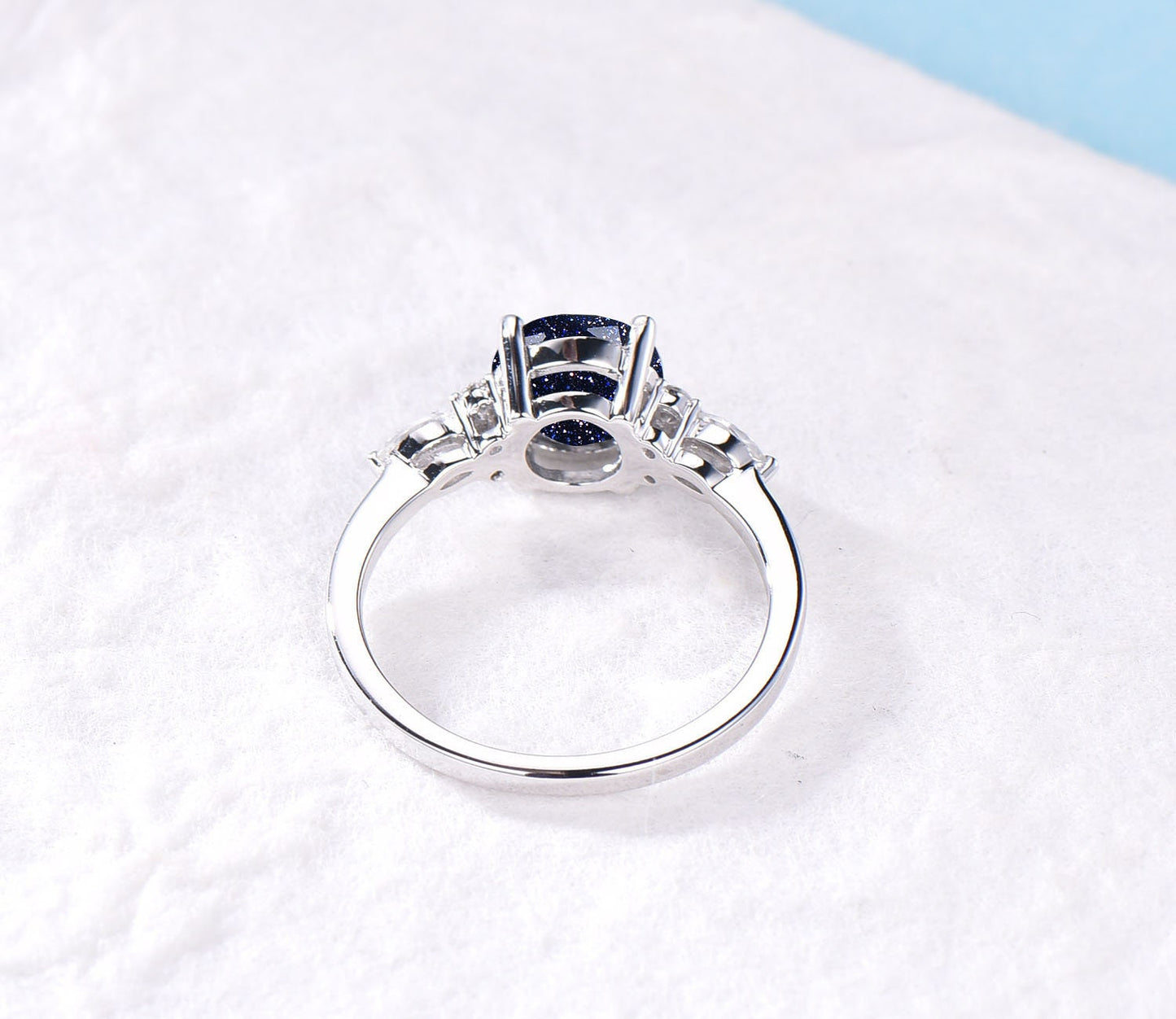 Sterling Silver Galaxy Blue Sandstone Ring Round Cut Wedding Gemstone Jewelry Vintage Cluster Engagement Ring Astronomy Gift for Her Women