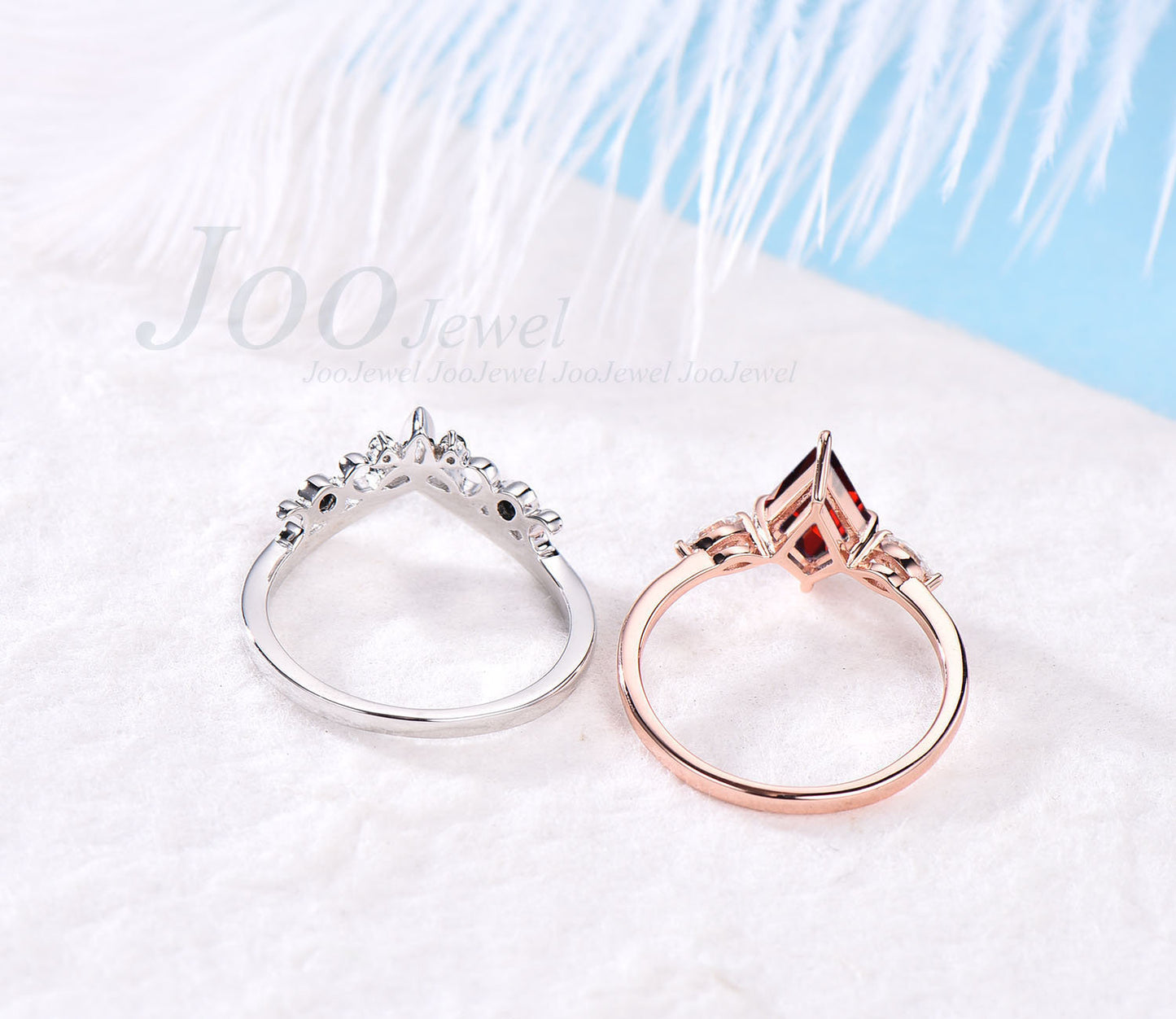 Kite Garnet Ring Set Red Gem Ring Garnet Crystal Engagement Ring Set Curve Wedding Band Personalized Bridal Ring January Birthstone Women