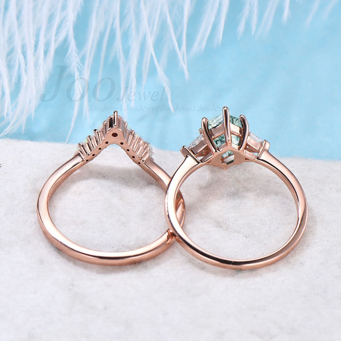Elongated Hexagon Moss Agate Ring Set Unique Hexagon Ring Set Natural Green Moss Agate Engagement Ring Curve Moissanite Opal Wedding Band