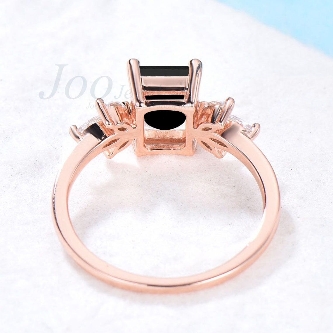 Sterling Silver Natural Black Onyx Engagement Ring Emerald Cut Black Diamond Ring Cluster Ring Black Gemstone Promise Ring Anniversary Gift