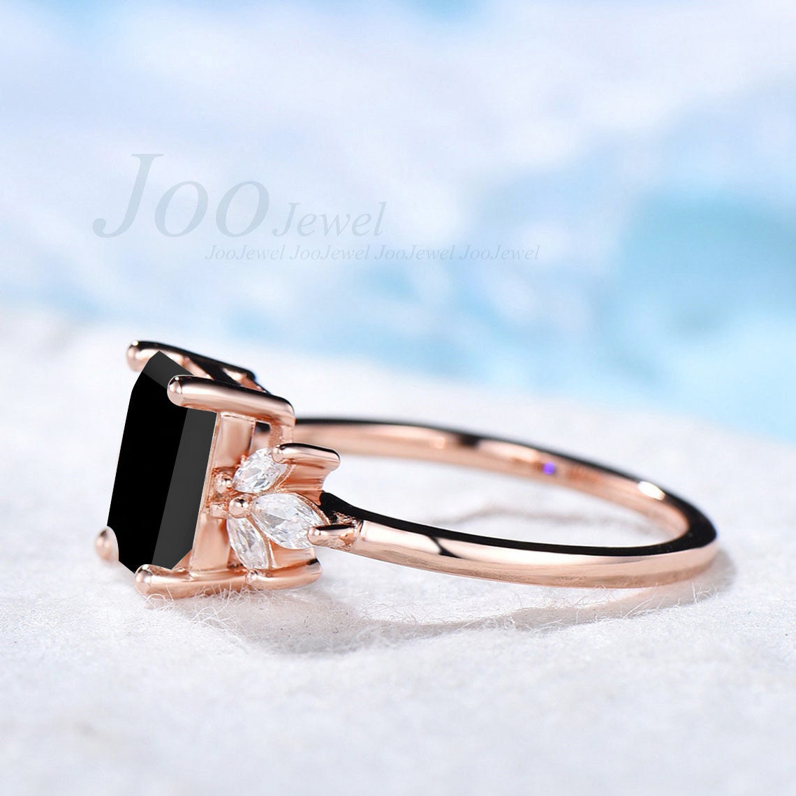 Sterling Silver Natural Black Onyx Engagement Ring Emerald Cut Black Diamond Ring Cluster Ring Black Gemstone Promise Ring Anniversary Gift