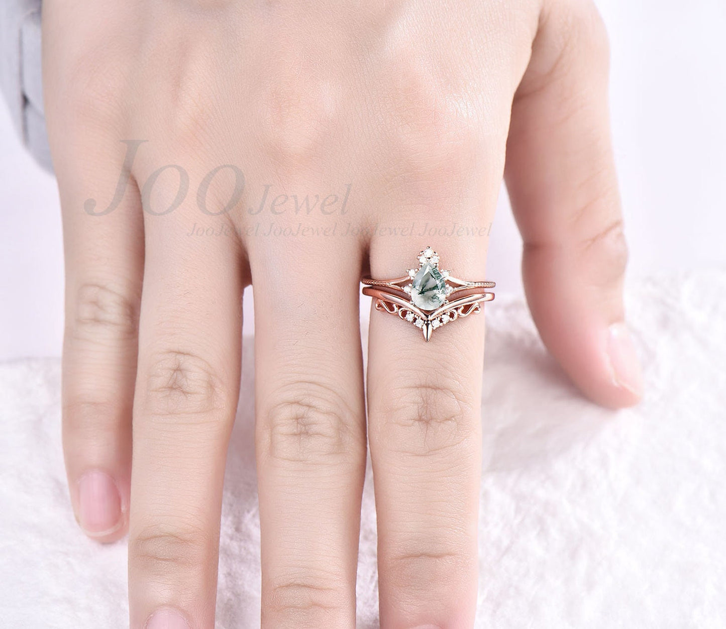 Vintage unique pear shaped moss agate engagement ring set split shank cluster milgrain moissanite ring 18k rose gold bridal wedding ring set